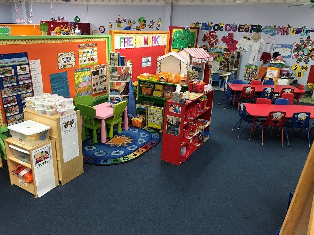 Colorful classroom with small tables and chairs, play area, and learning displays