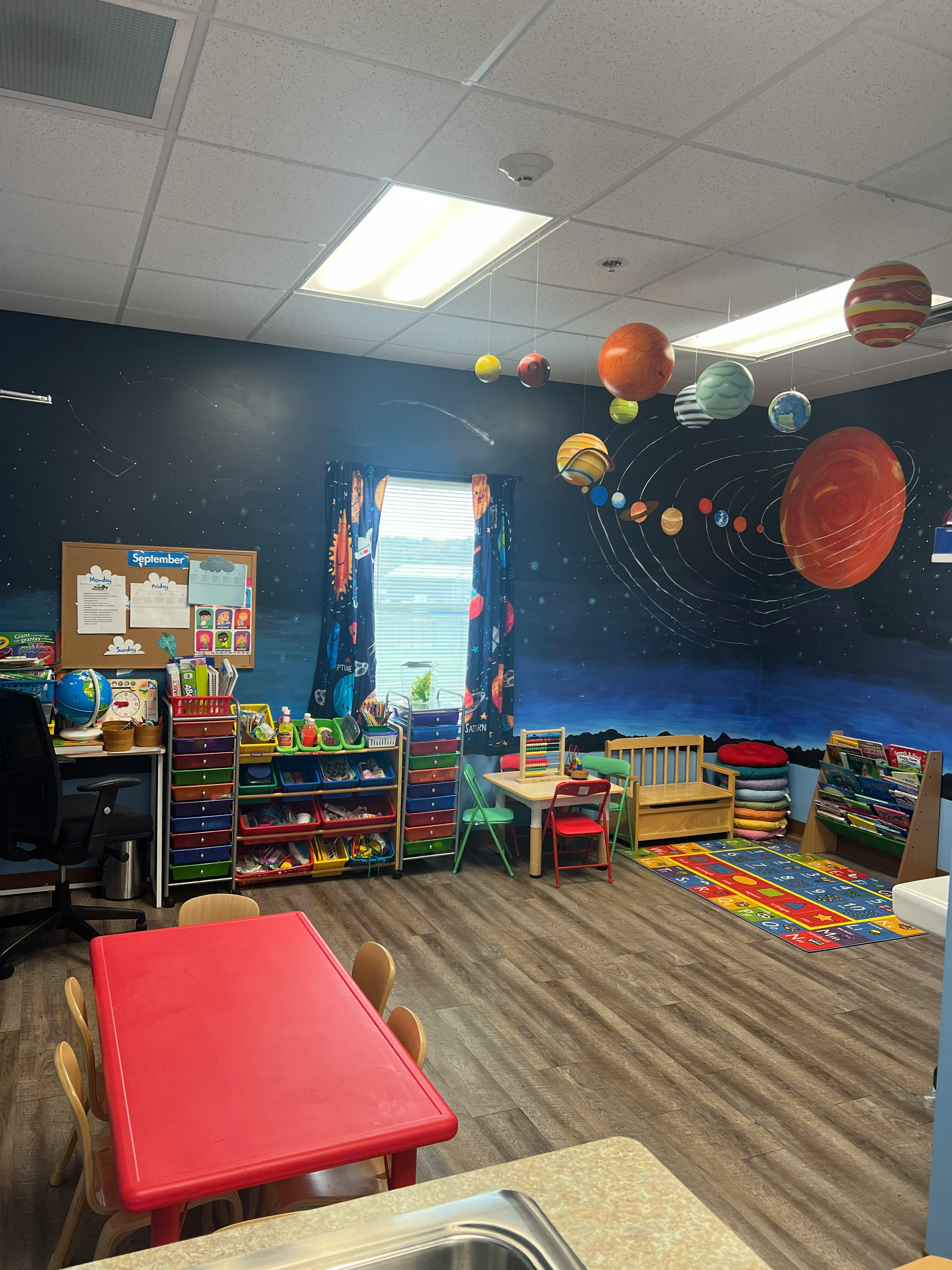 Classroom with solar system mural and hanging planets