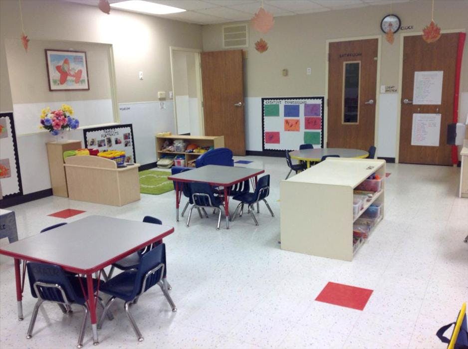 Classroom with child-sized tables and chairs