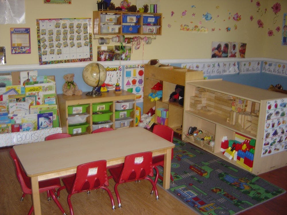 Classroom with small table and chairs, shelves with toys and books