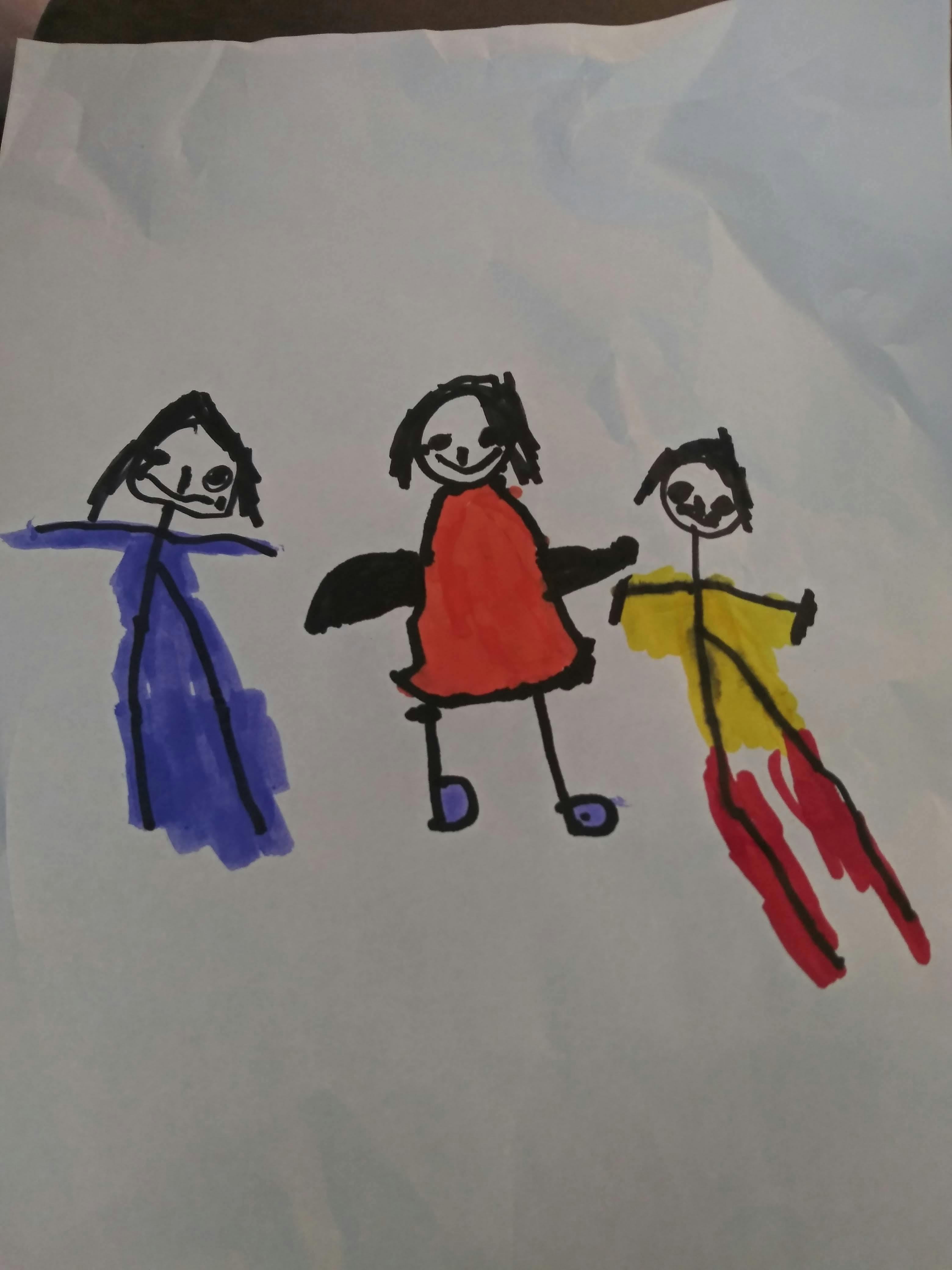 Child's drawing of three stick figures