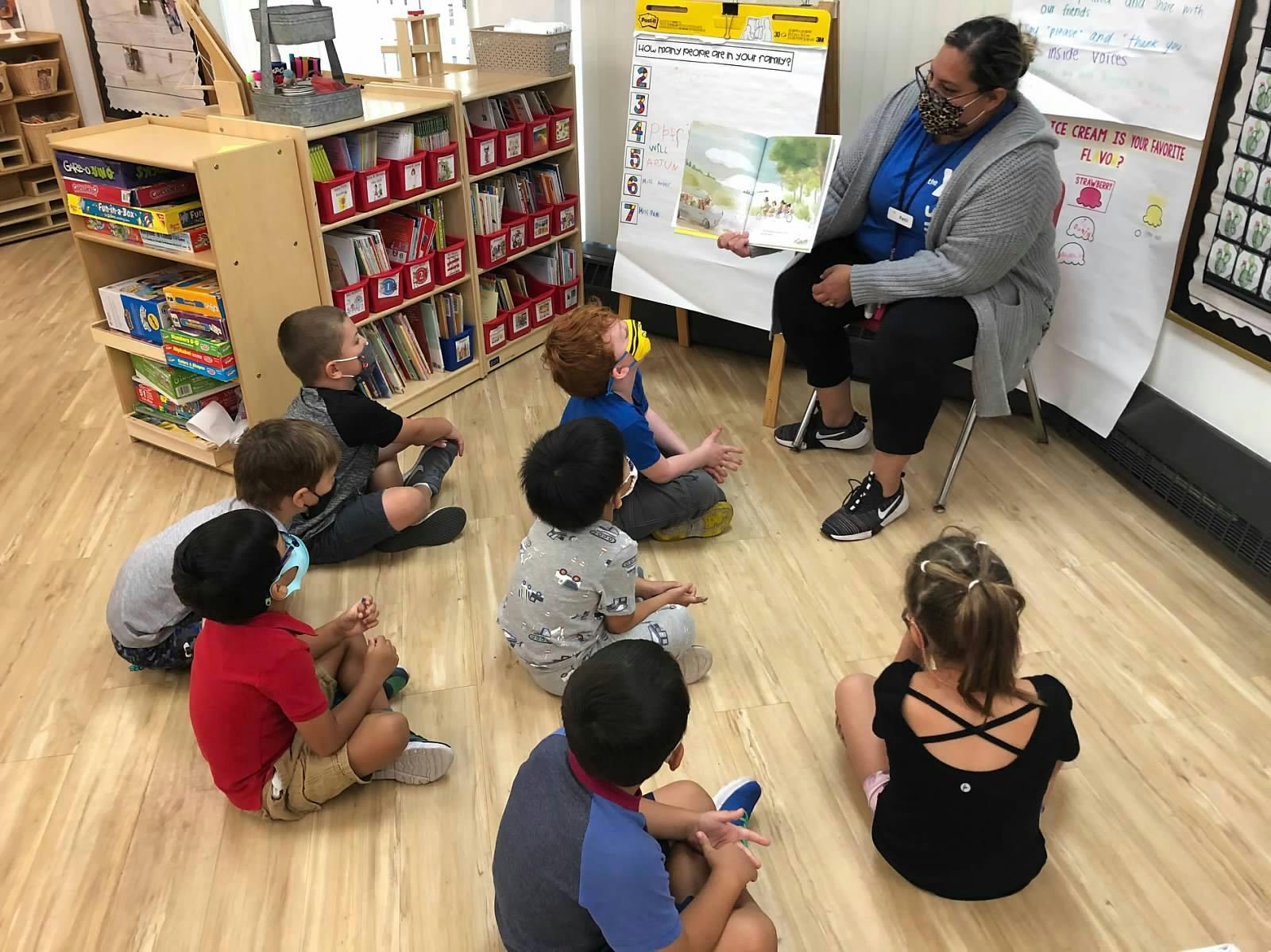 Adult reading a book to a group of children in a classroom