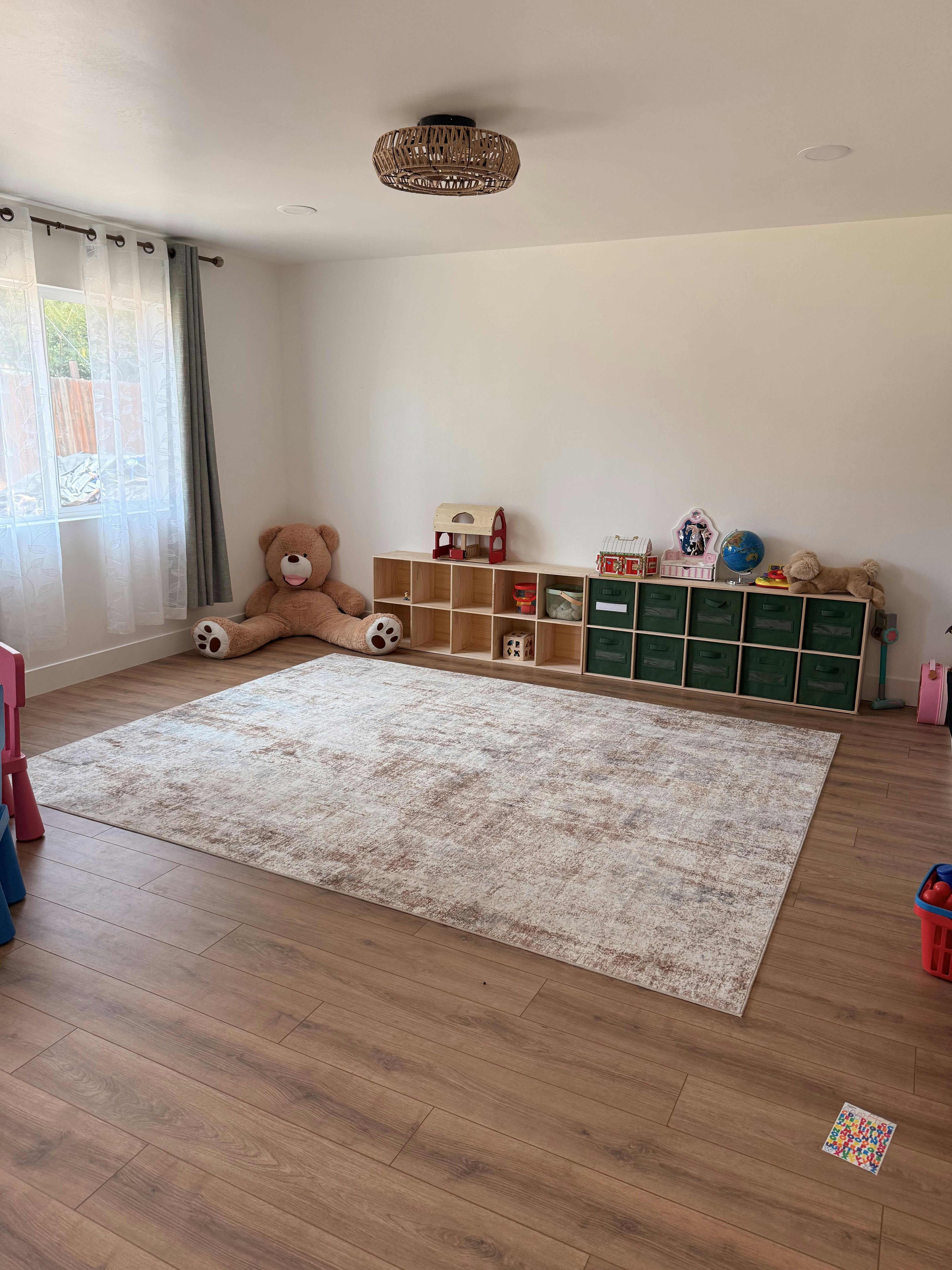 Playroom with a large rug, toy storage shelves, and a teddy bear