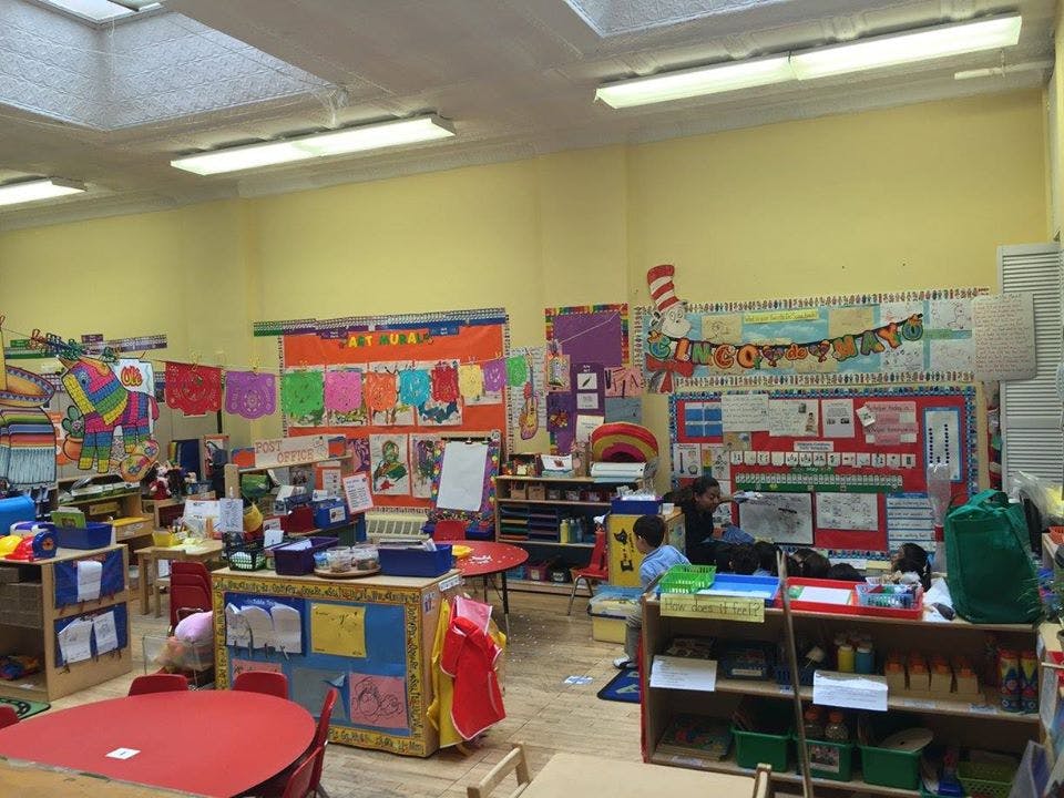 Classroom with colorful decorations and furniture