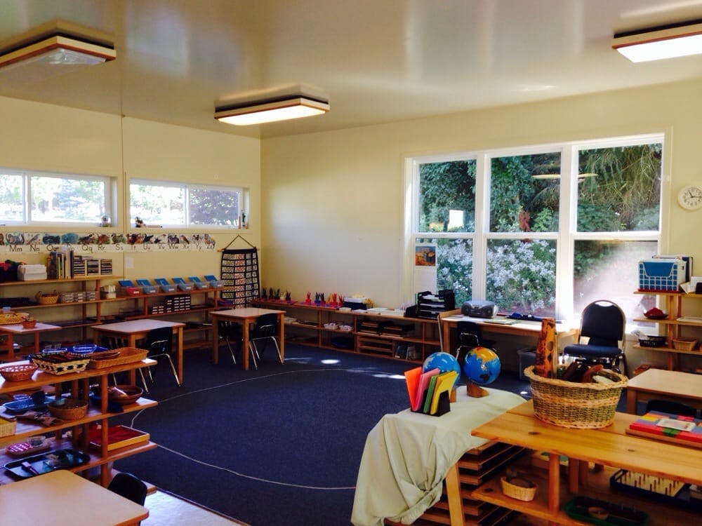 Classroom with small tables, chairs, and learning materials