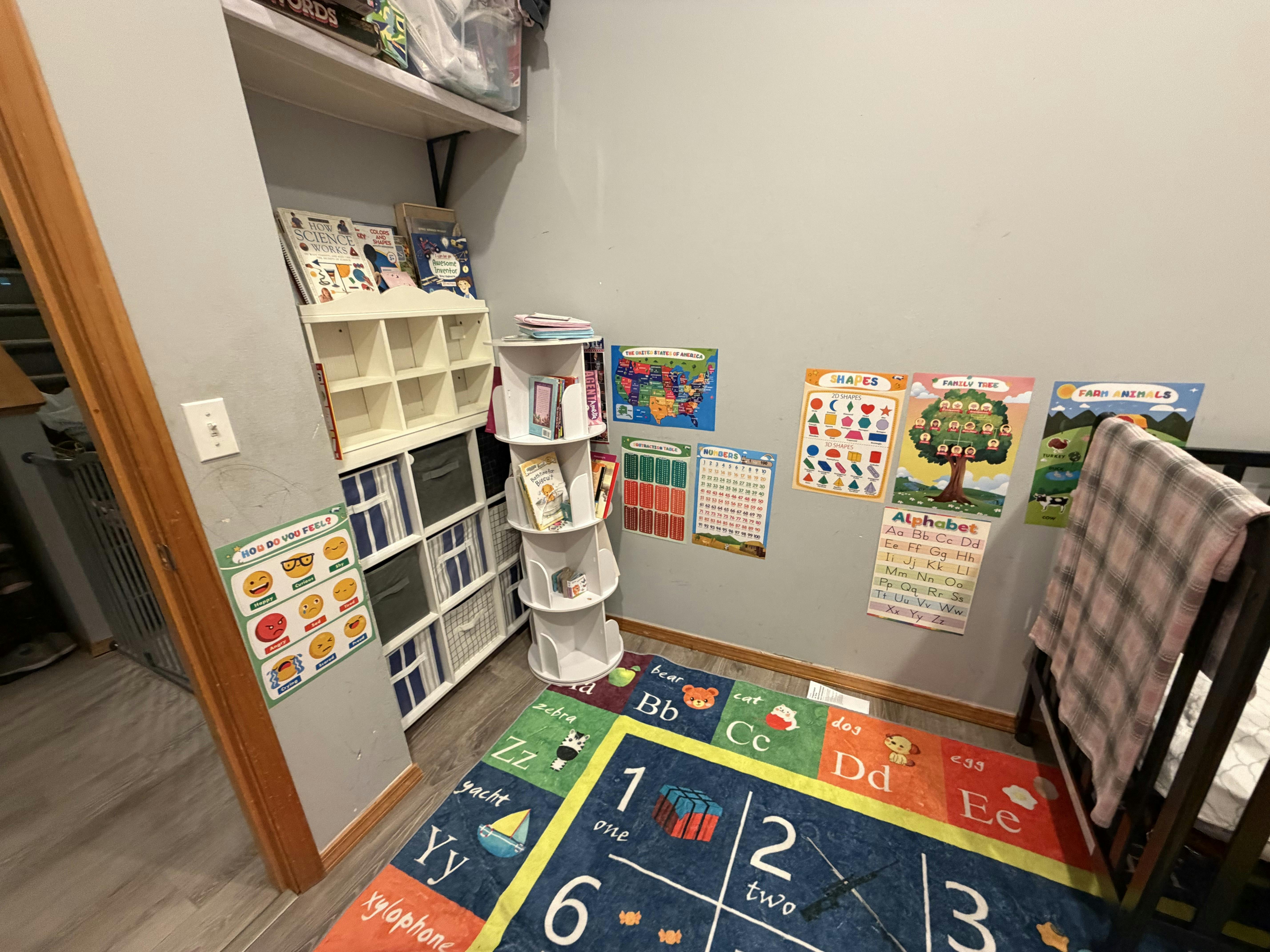 Child bedroom area with educational posters and alphabet rug