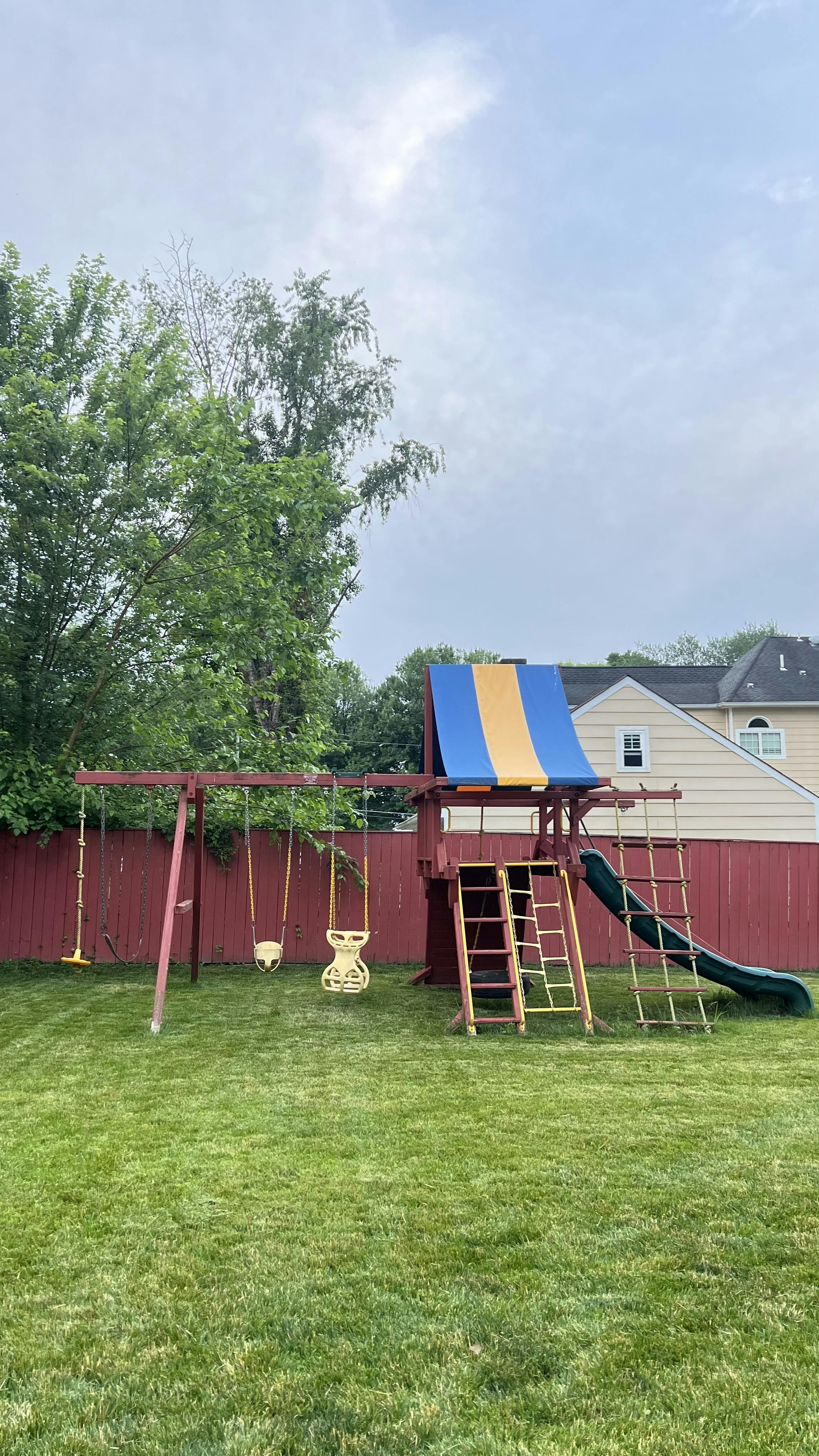 Playset with swings, slide, and climbing net in a grassy yard
