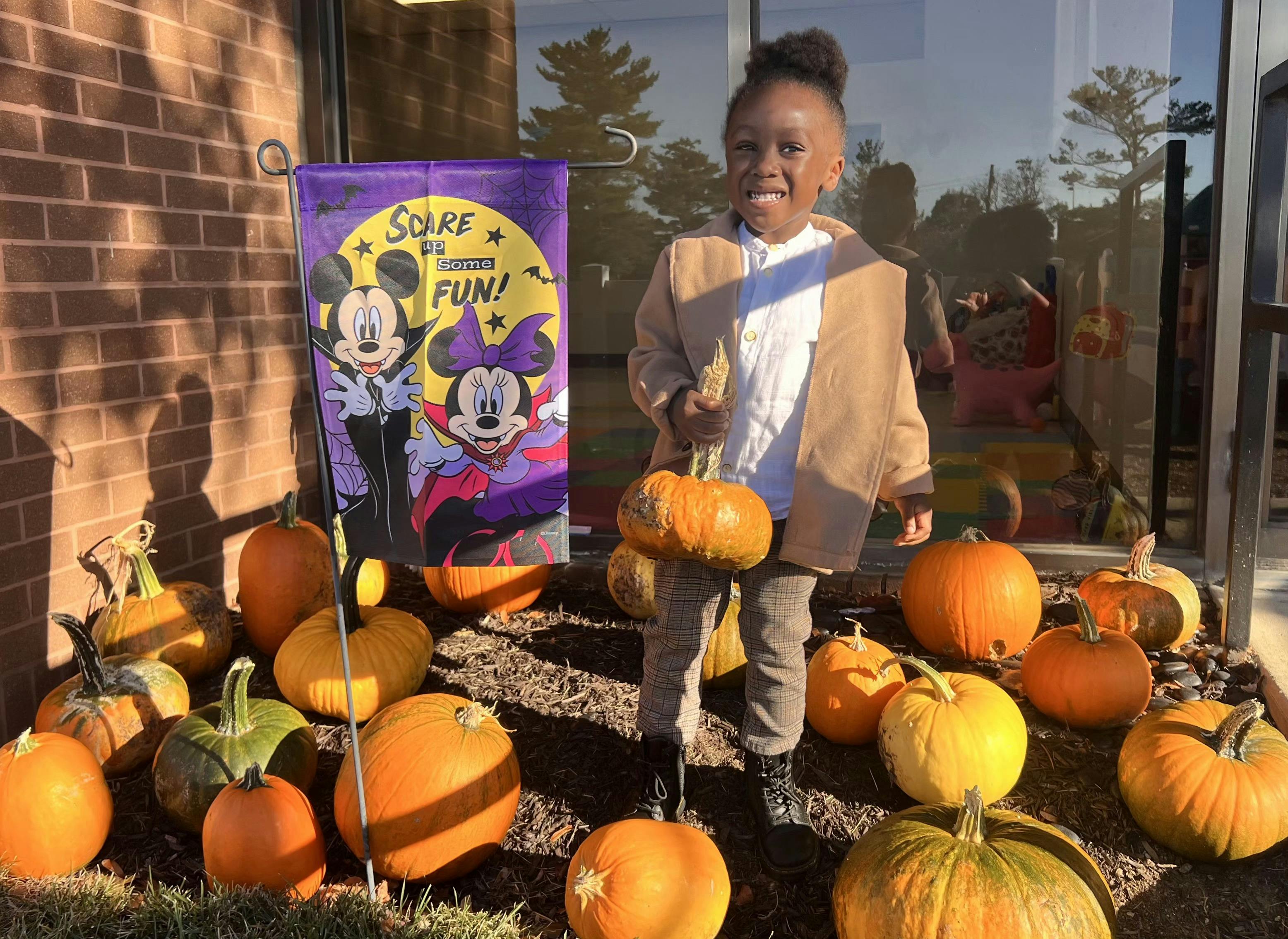 Child standing among pumpkins, holding two small pumpkins