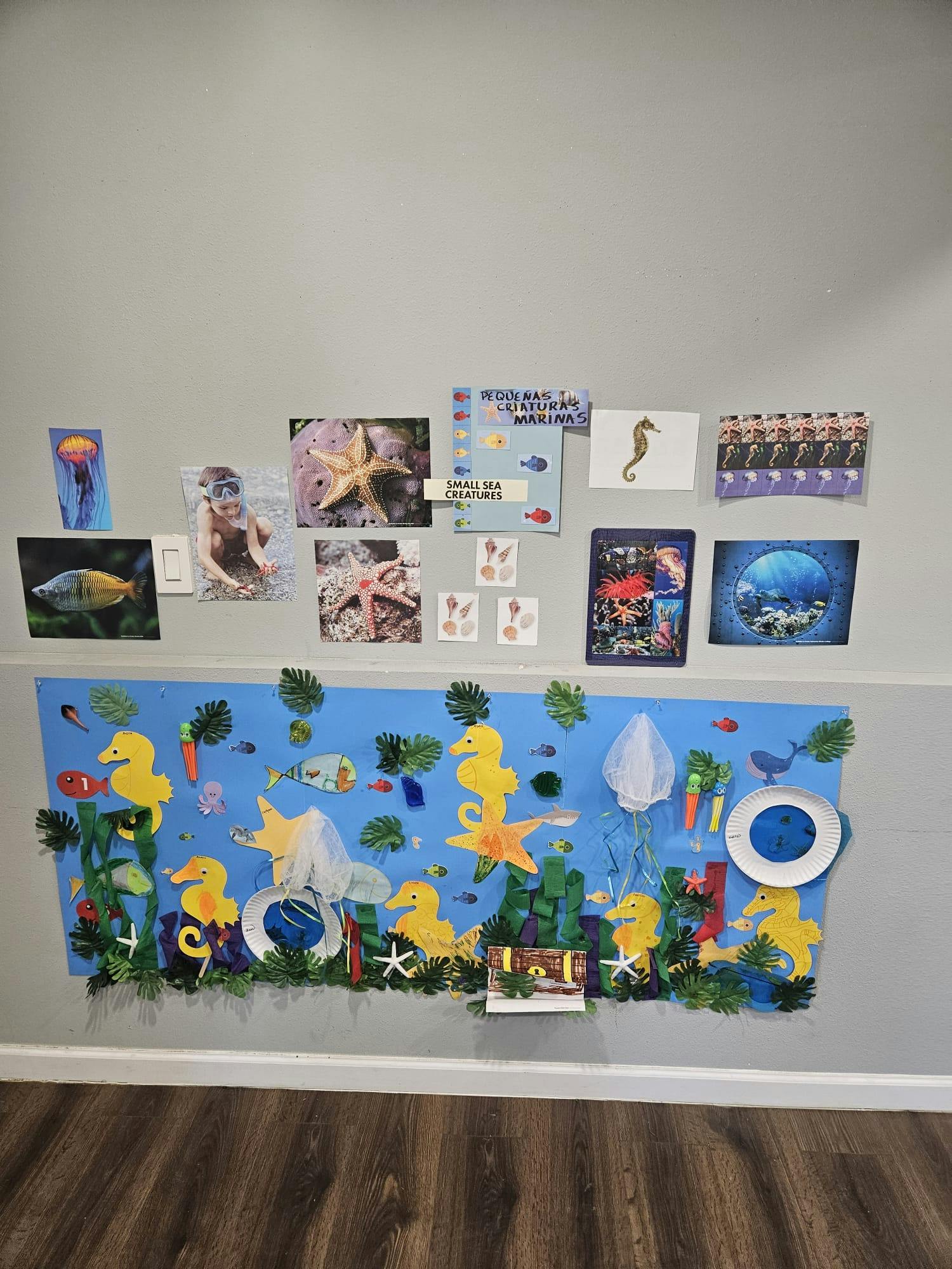 Wall decorated with ocean-themed pictures and a blue underwater scene craft