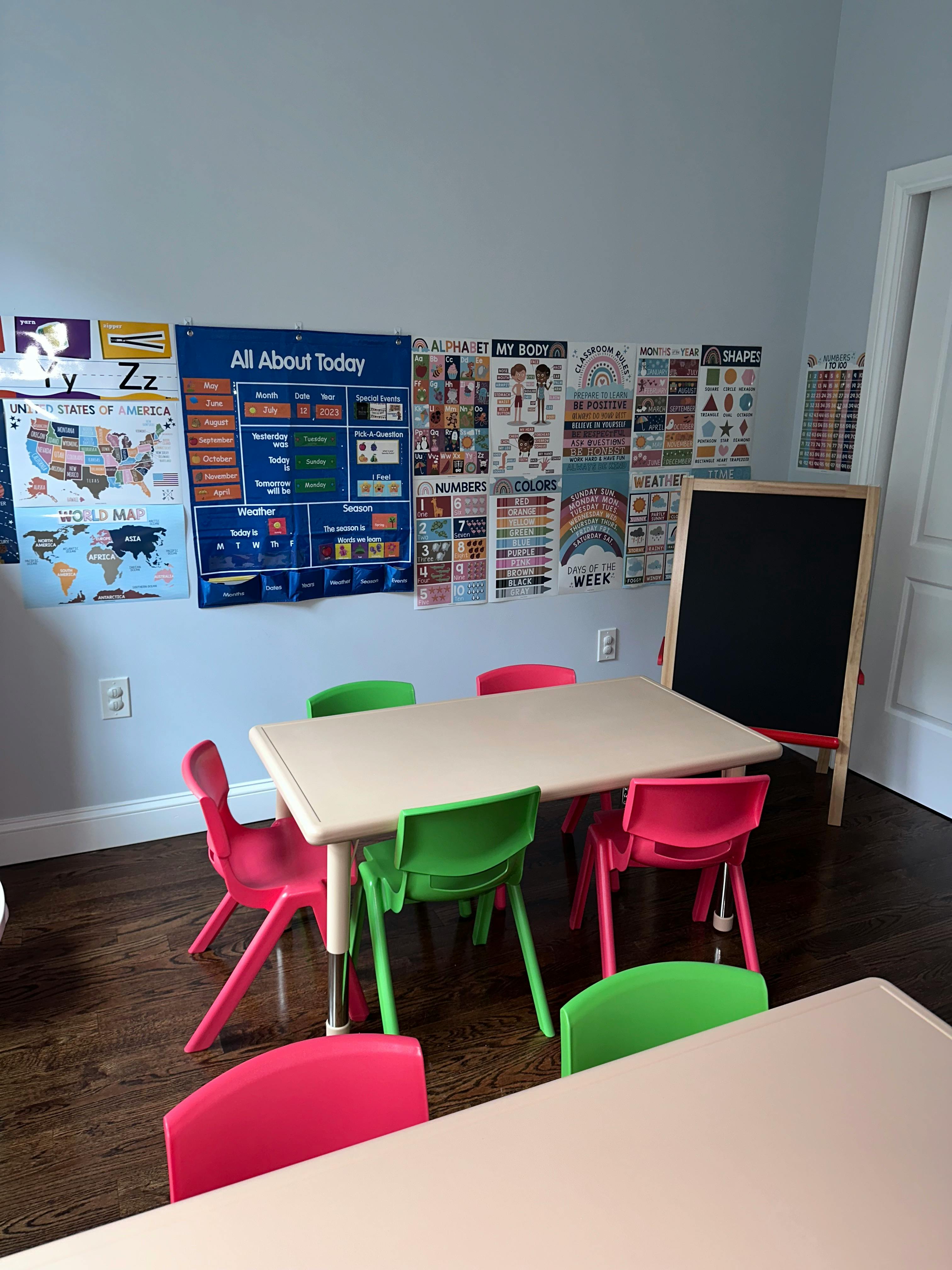 Classroom with small tables and chairs, educational posters on the wall