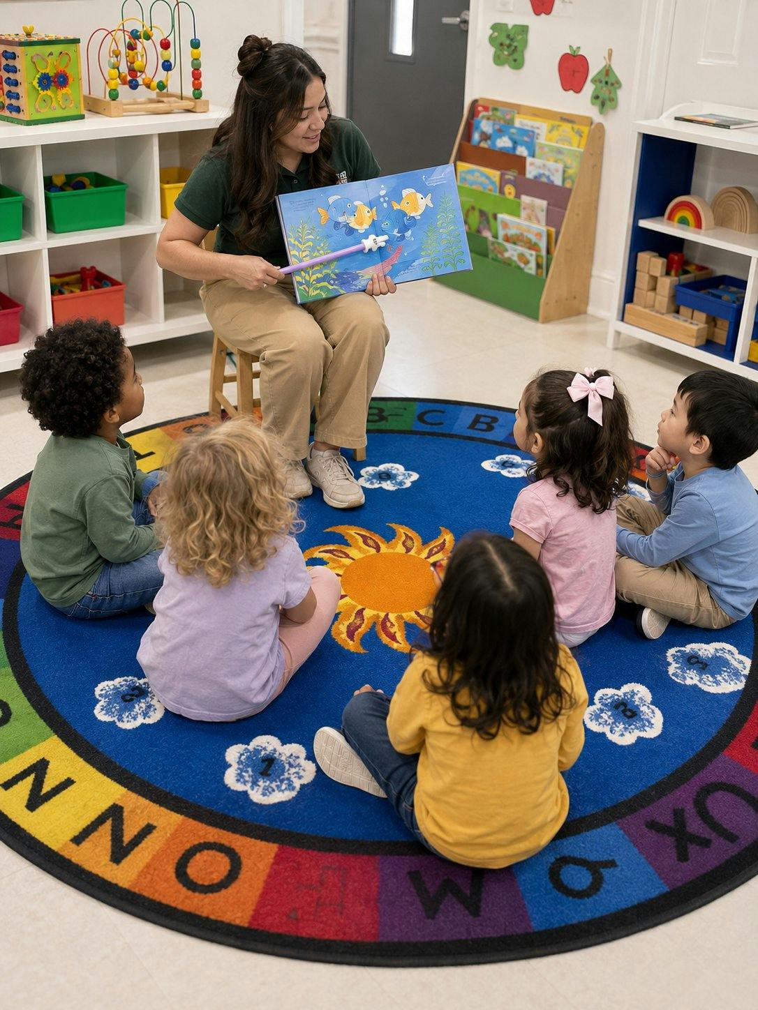 Adult person reading a book to four children on a colorful alphabet rug in a classroom