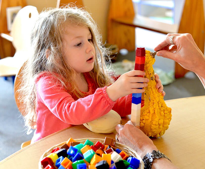 Child and person playing with colorful blocks and a textured object