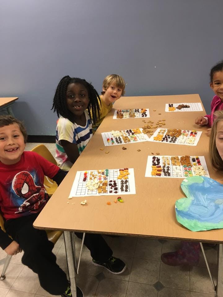 Children at a table with snacks arranged on paper