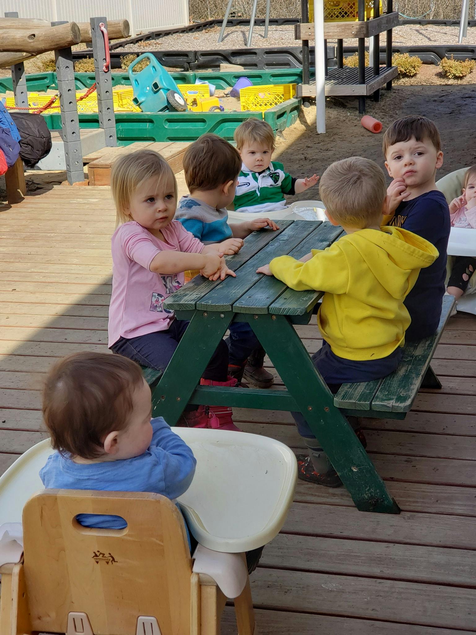 Children sitting around a picnic table outdoors
