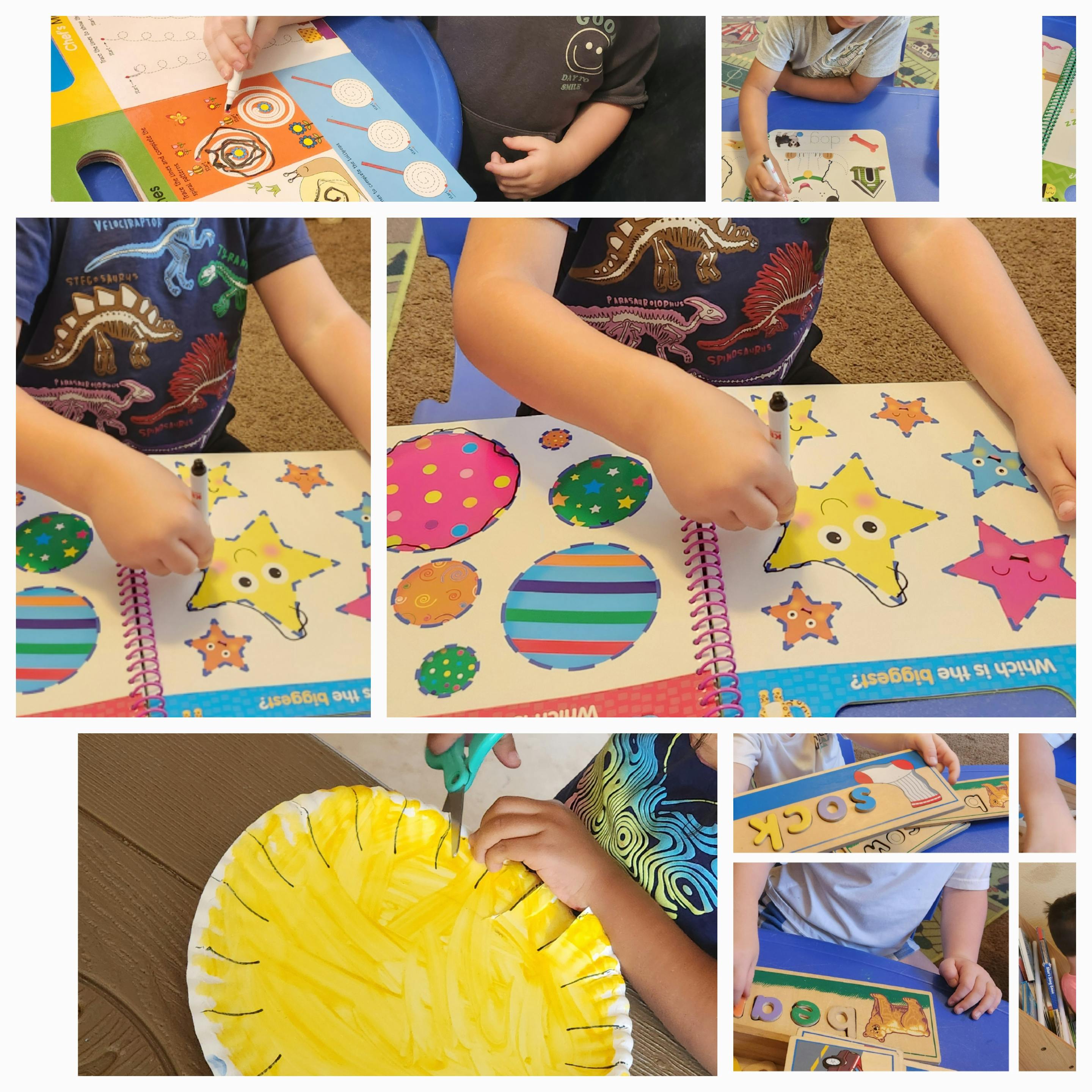 Child coloring a star in a book, child cutting a yellow paper plate