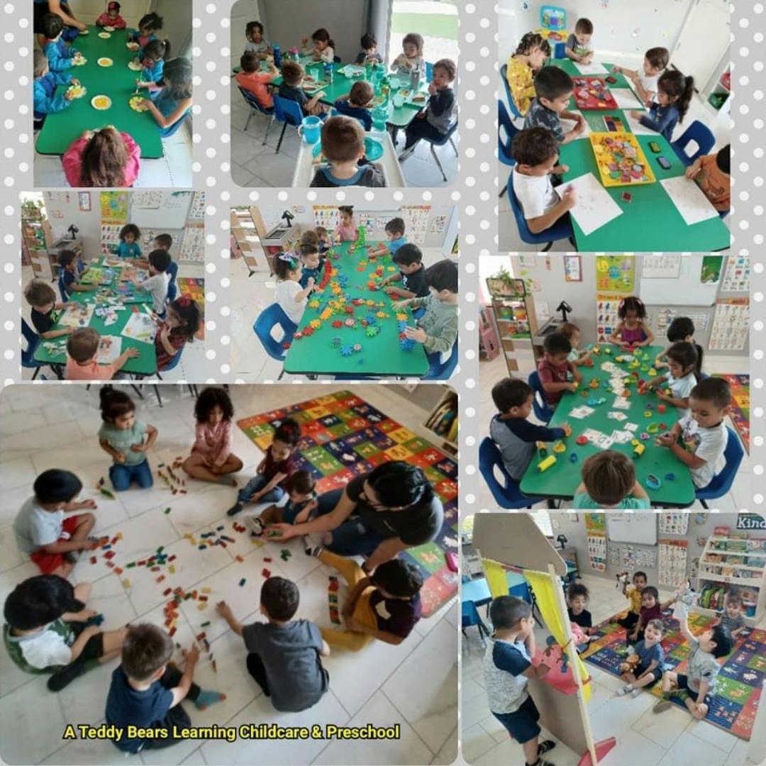 Collage of children playing with blocks and toys in a classroom setting