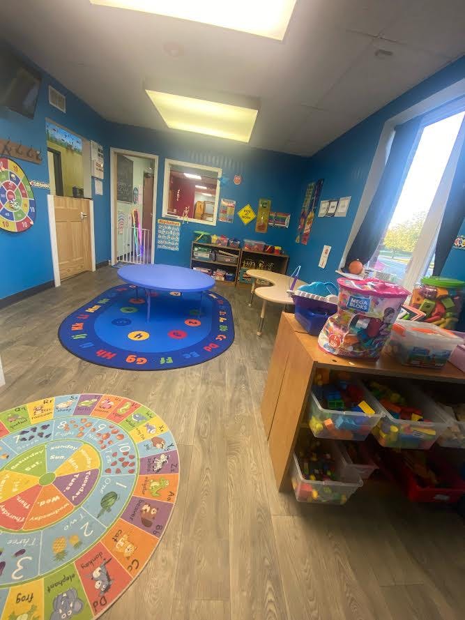Playroom with blue walls, two colorful rugs, and shelves of toys