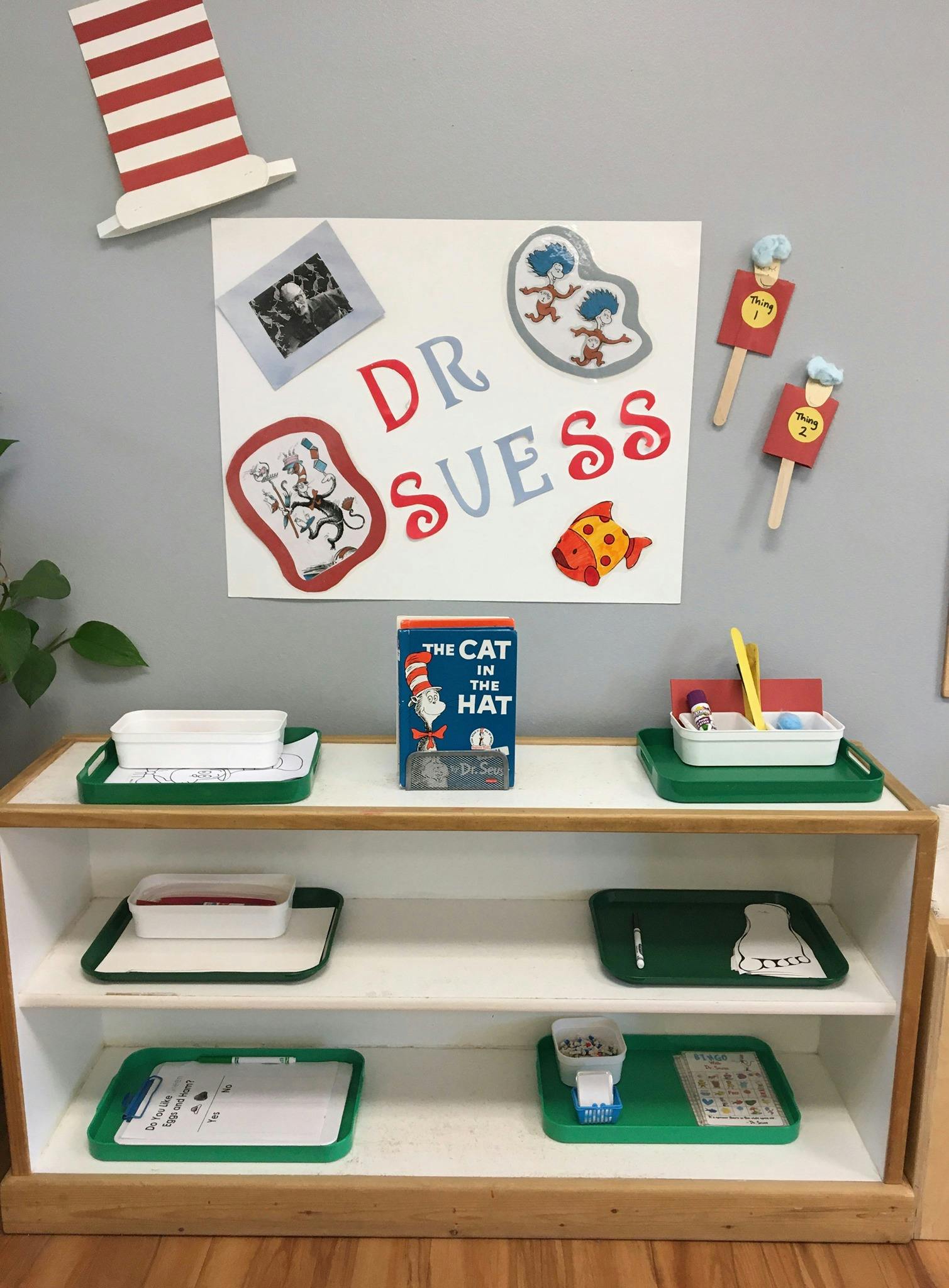 Dr. Seuss themed classroom display with a book and learning materials