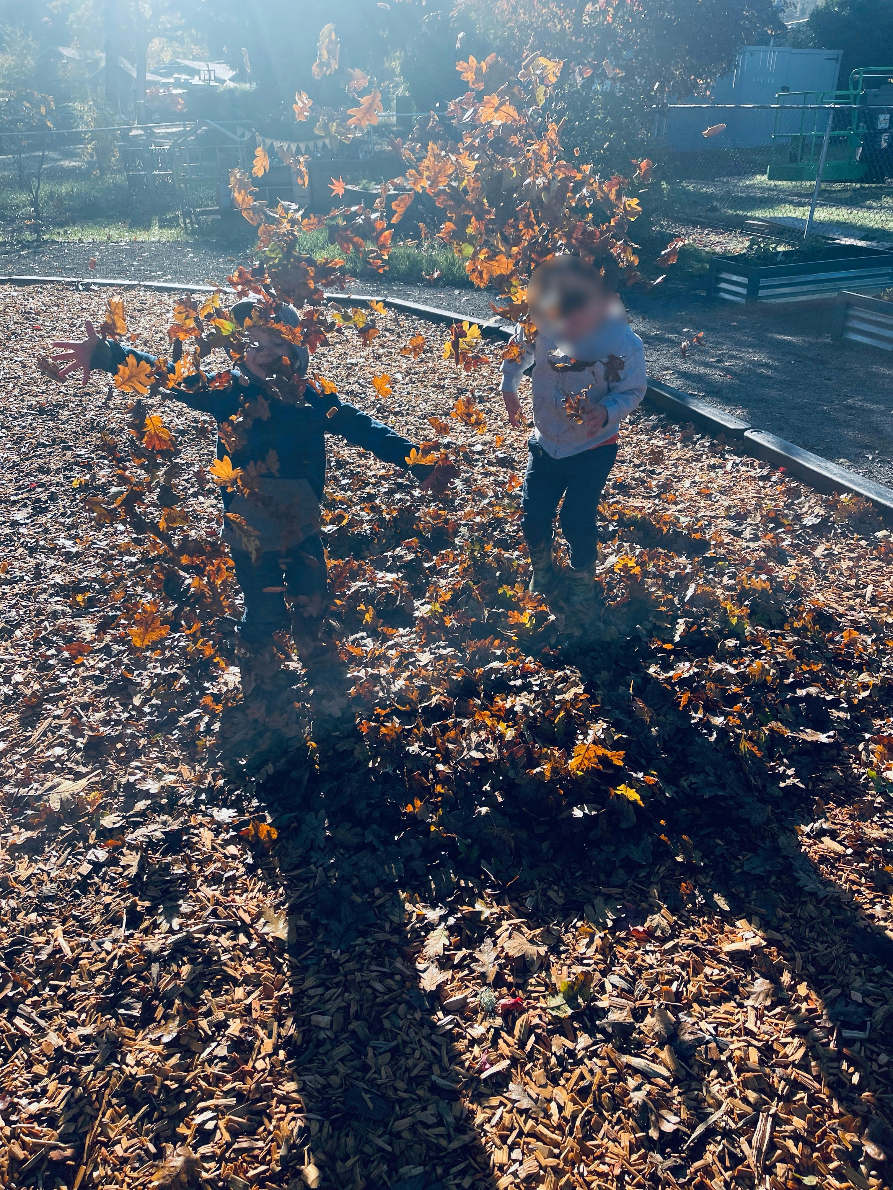 Two children playing in a pile of autumn leaves