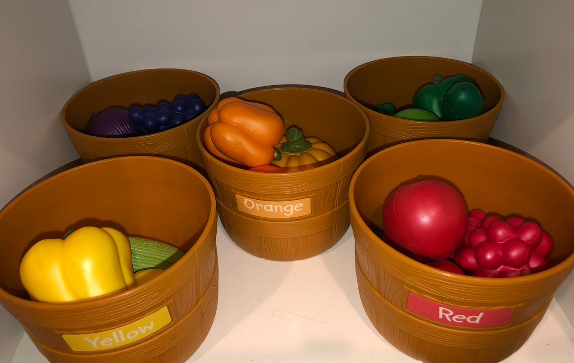 Toy fruits and vegetables sorted into labeled bins