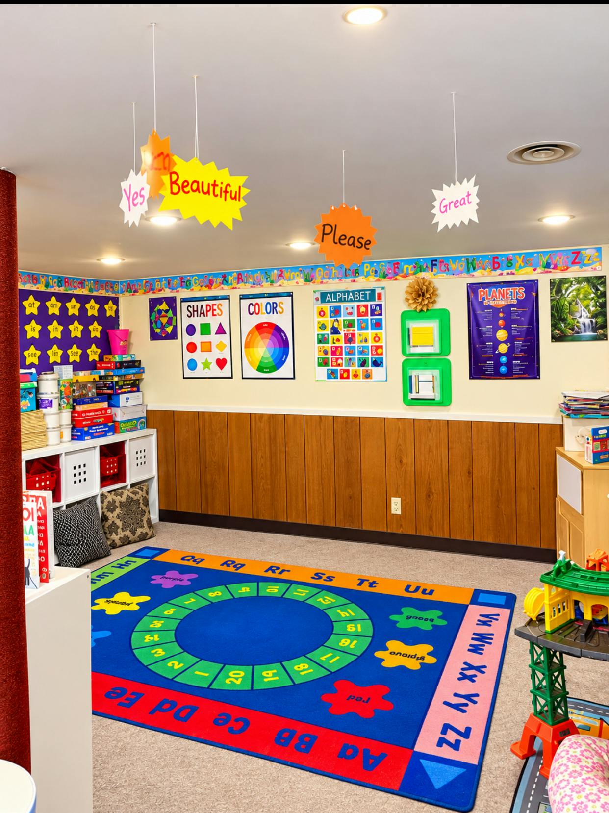 Educational playroom with alphabet rug and learning charts on the walls