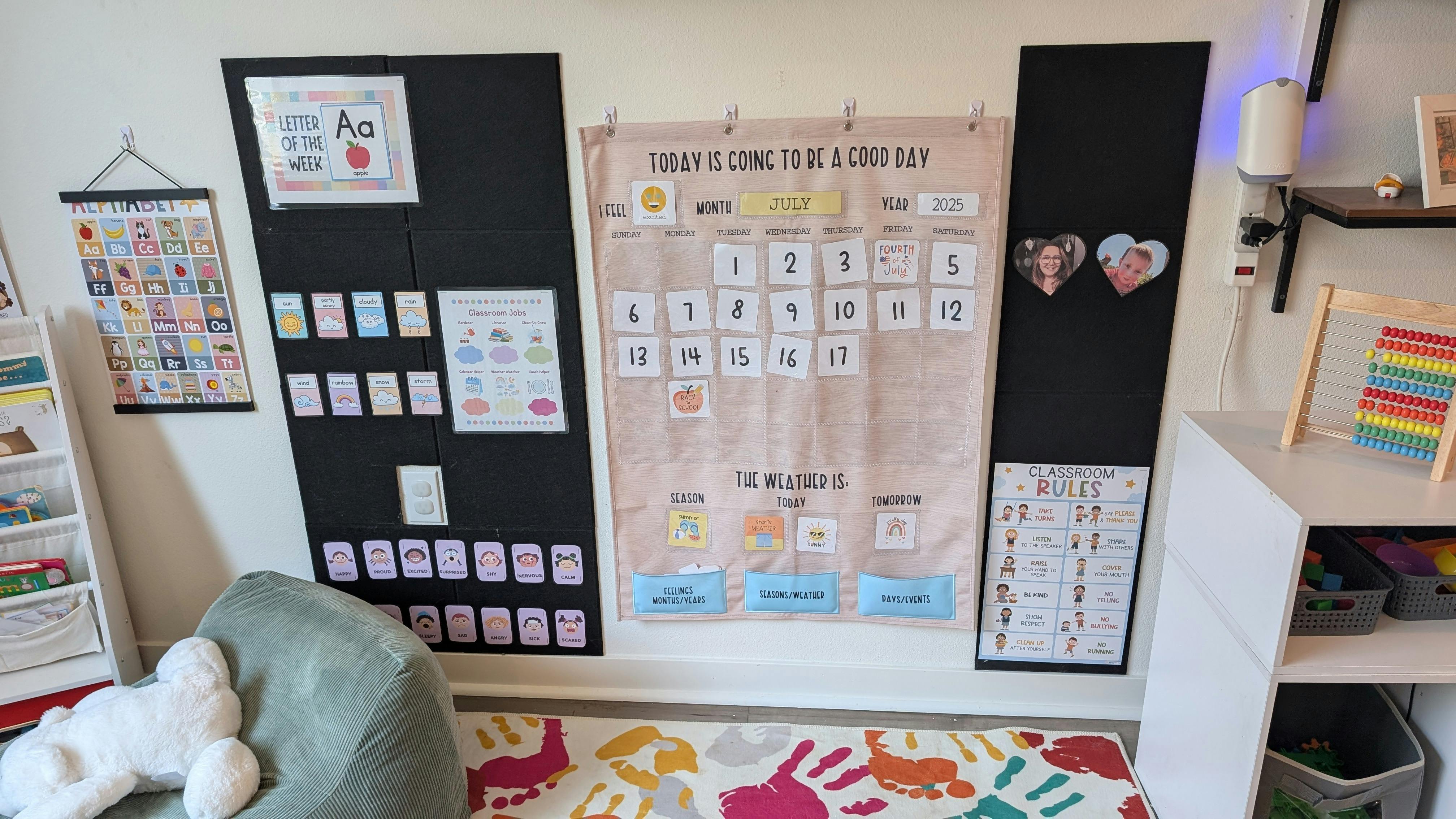 Wall with educational charts and a calendar