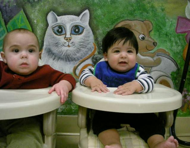 Two babies sitting in high chairs