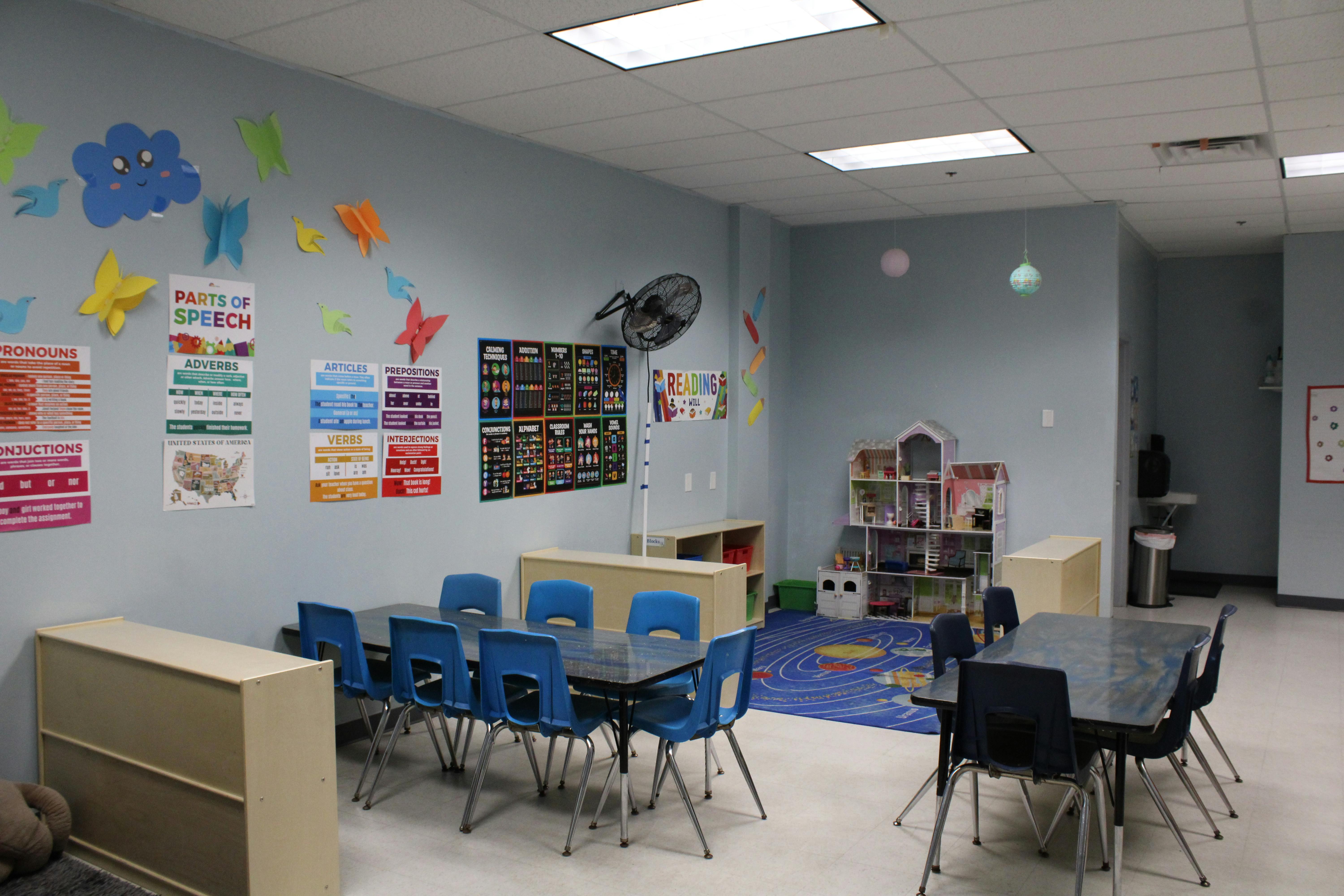 Classroom with blue walls, tables and chairs, and educational posters
