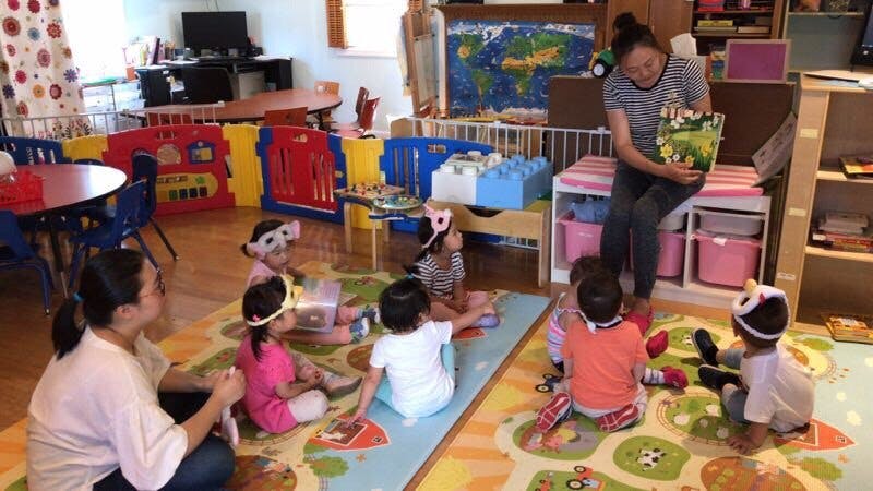 Adult reading a book to children in a classroom
