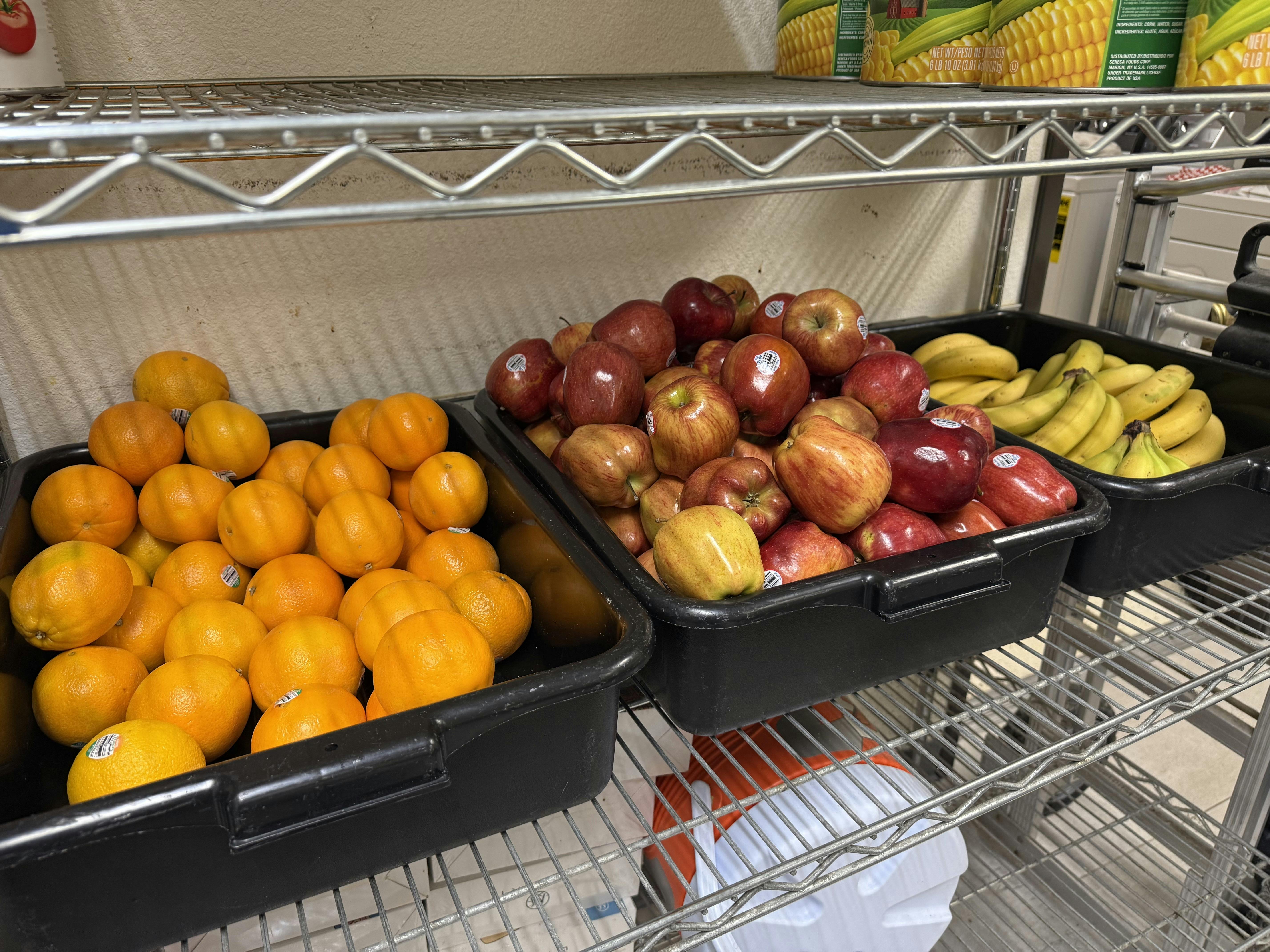 Bins of oranges, apples, and bananas on a metal shelf