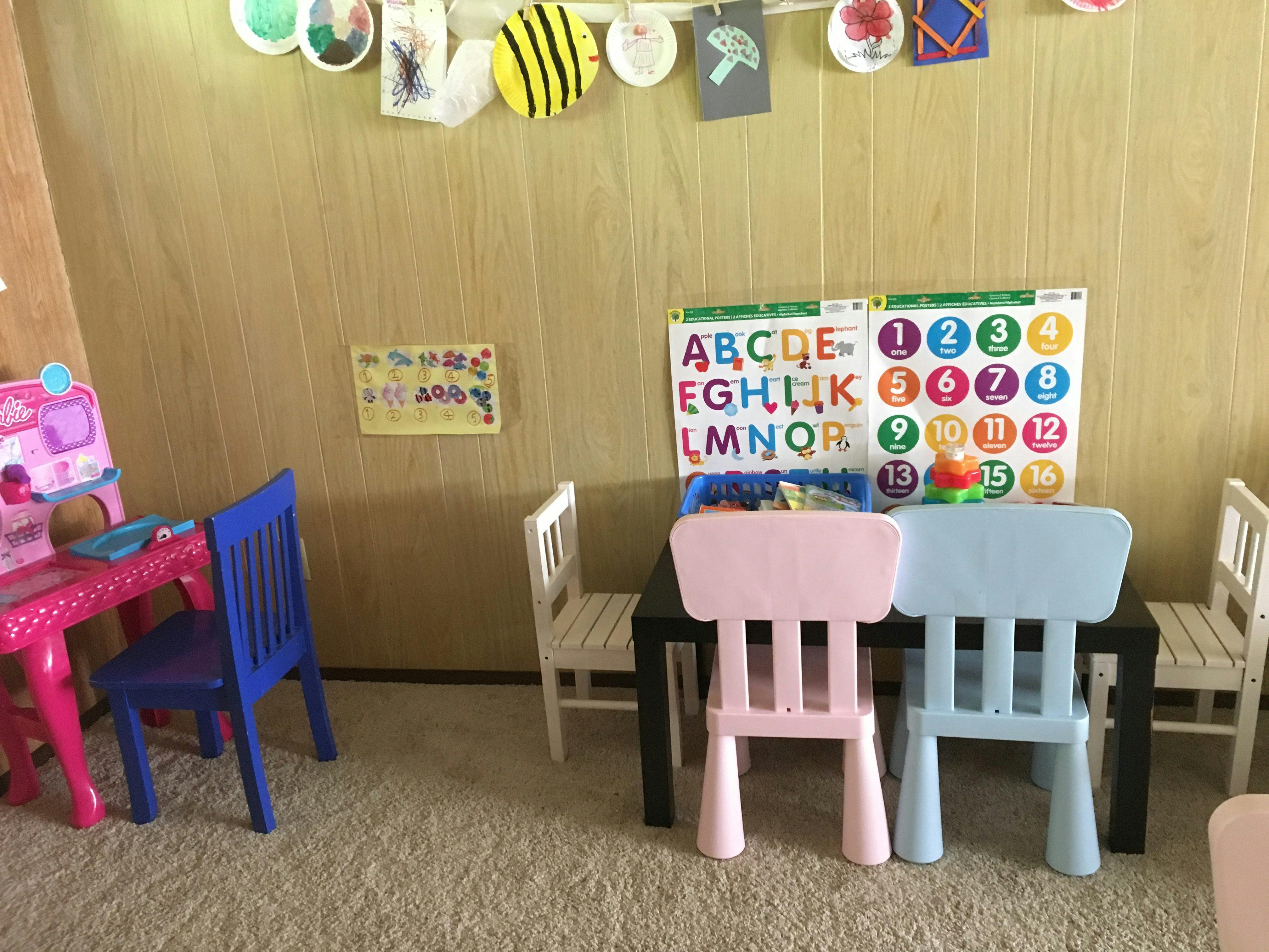 Children's tables and chairs in a room with alphabet and number charts