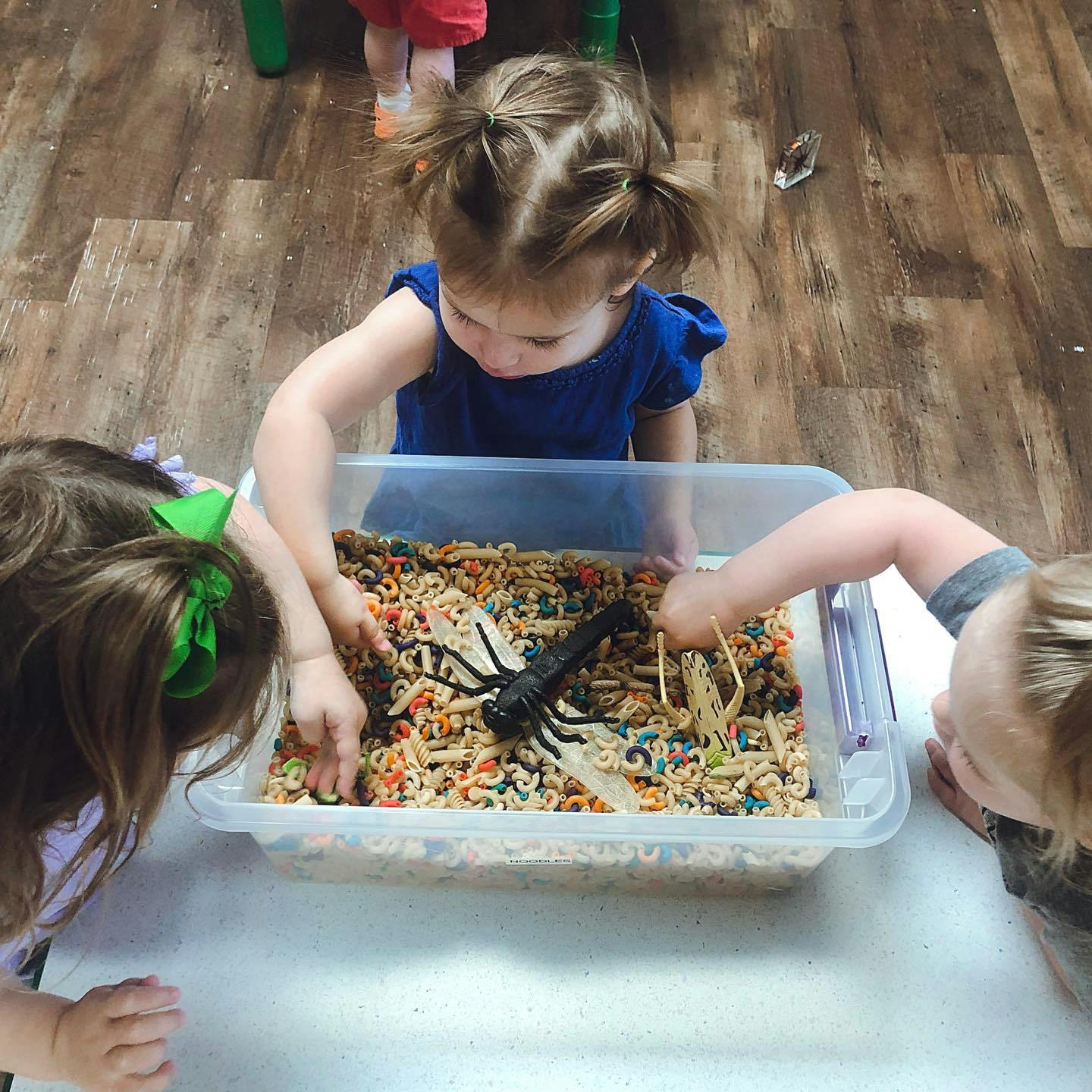 Children playing with a sensory bin filled with pasta and plastic insects