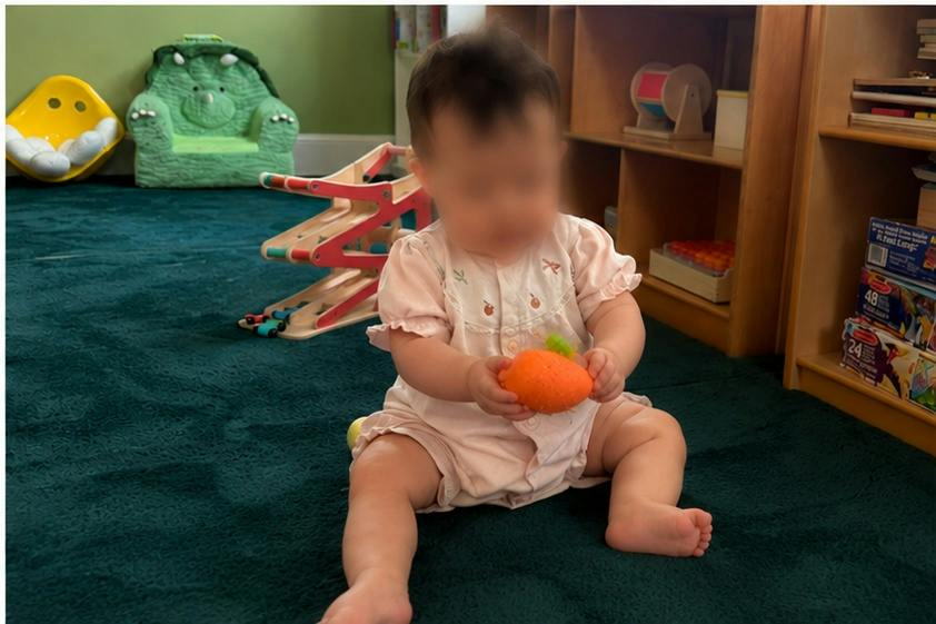 Child sitting on a carpeted floor holding a toy