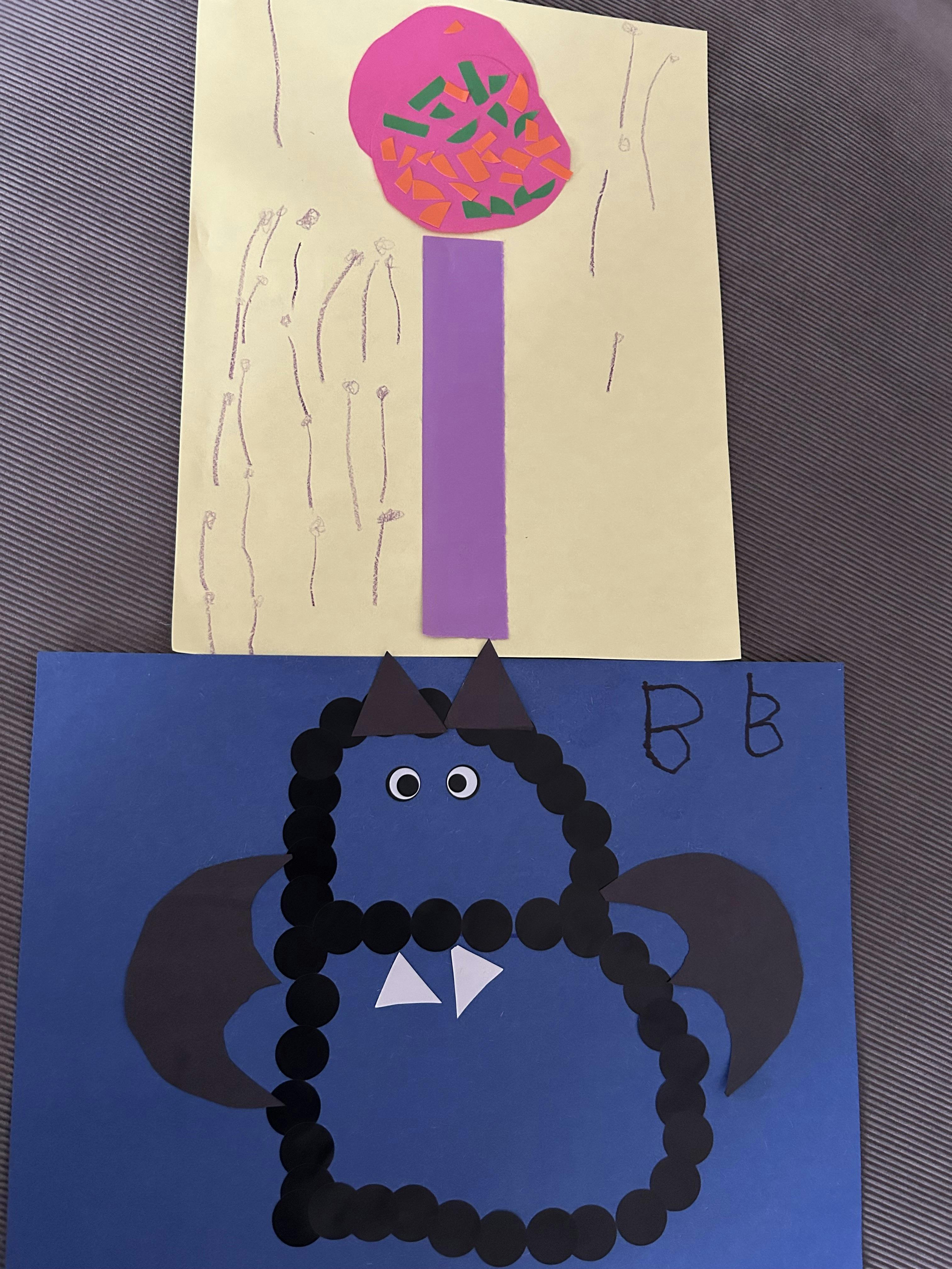 Child paper craft art depicting a bat shaped like the letter B