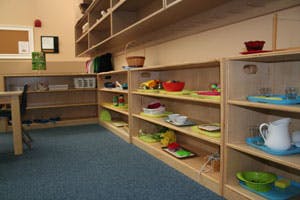 Shelves with various objects in a room