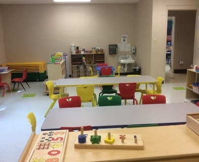 Classroom with colorful tables and chairs