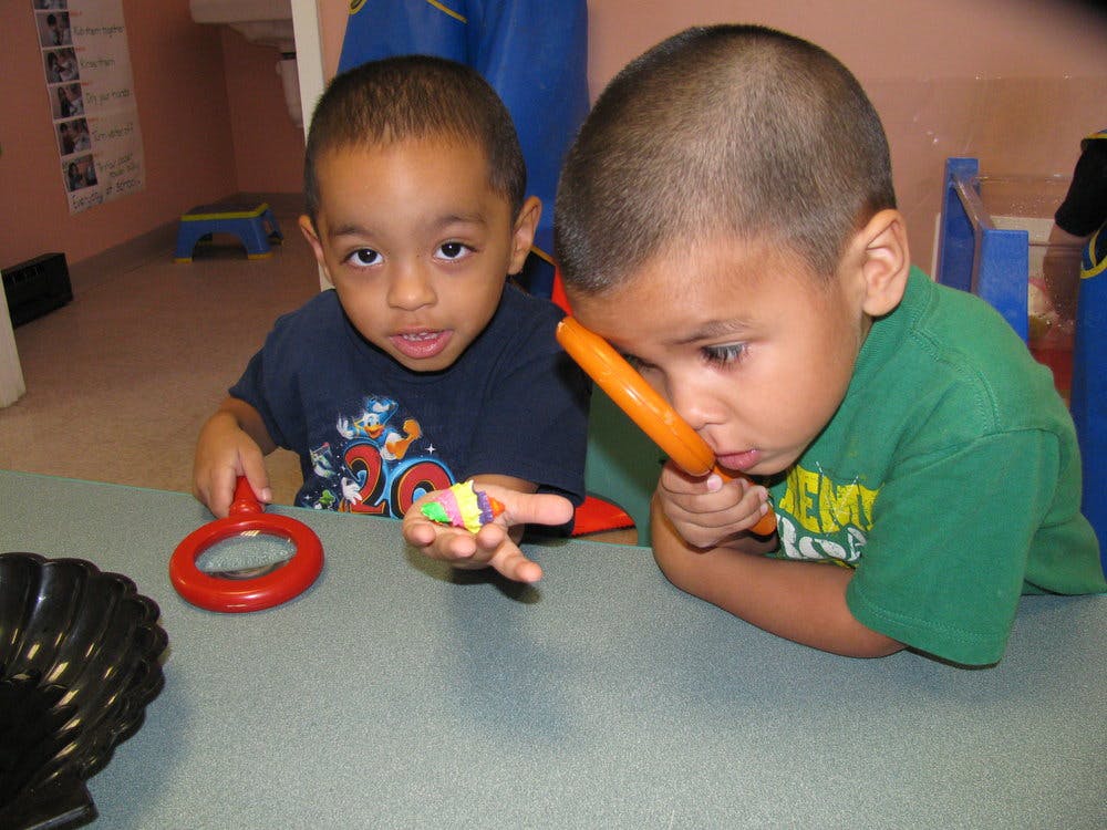 Two children at a table, one holding small objects, the other looking through a toy