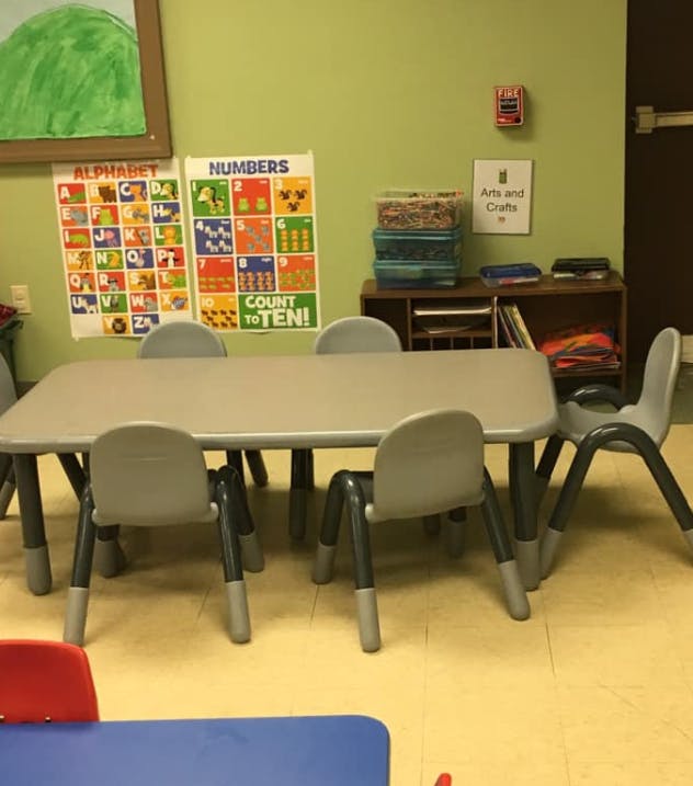 Classroom with small tables and chairs, alphabet and numbers charts on wall