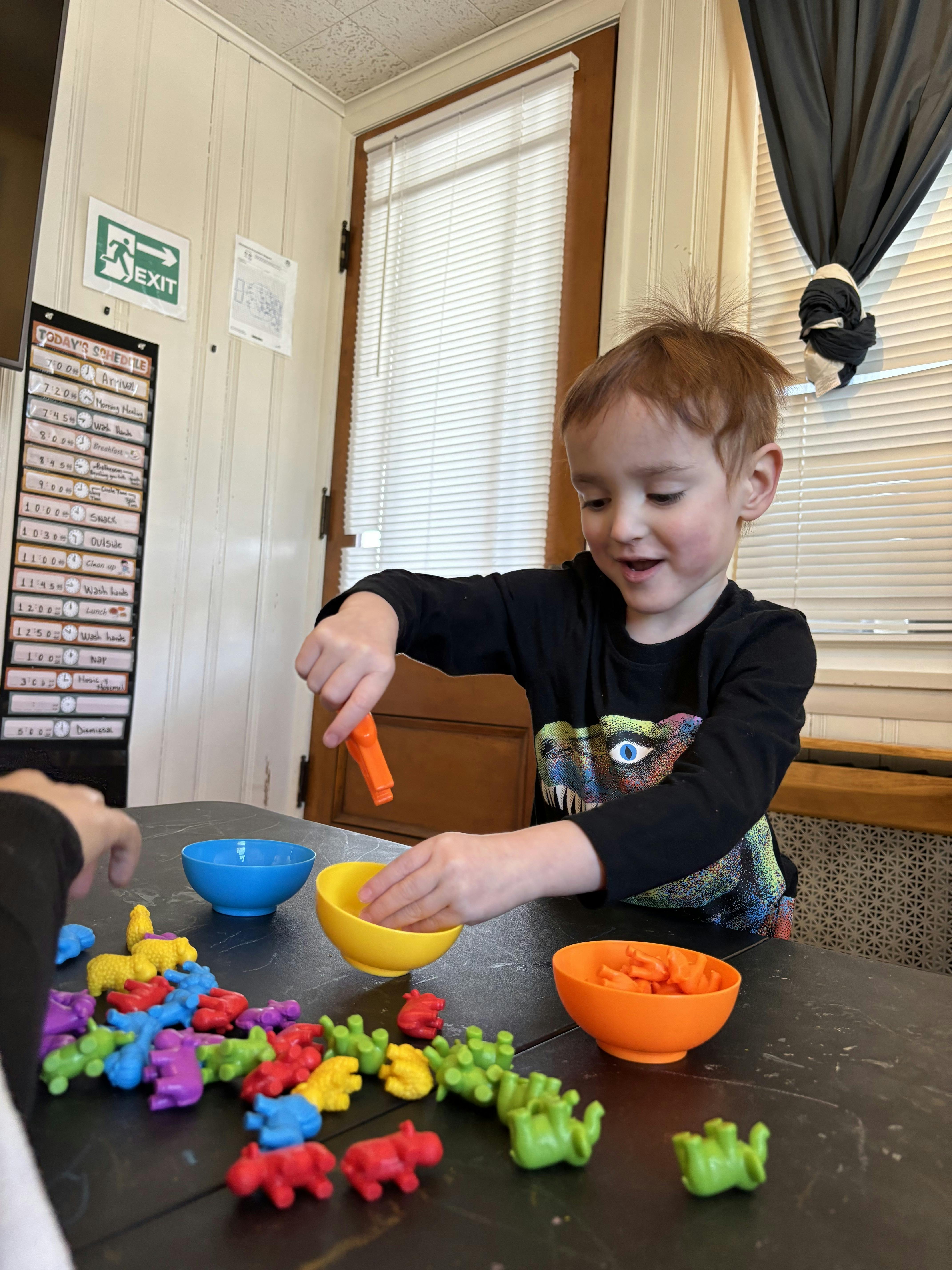 Child sorting small colorful animal figures into bowls at a table
