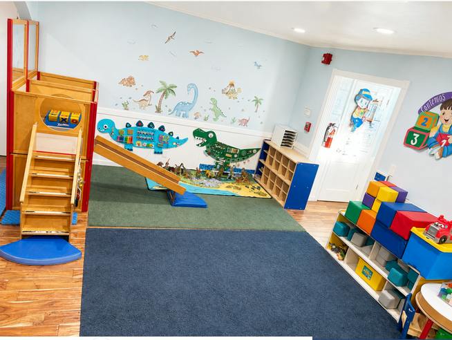 Colorful dinosaur-themed playroom for children