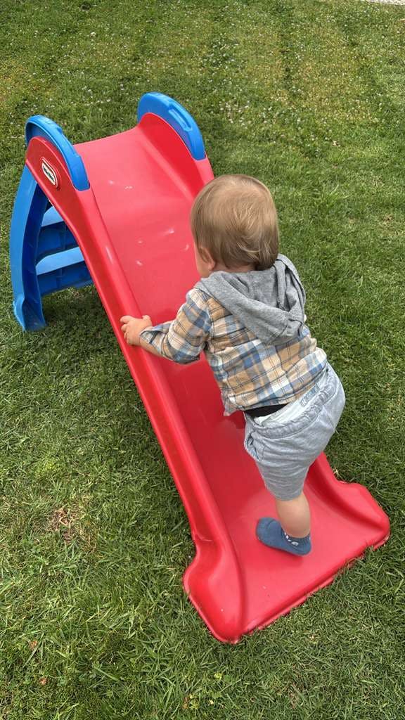 Child climbing up a red and blue slide in grass