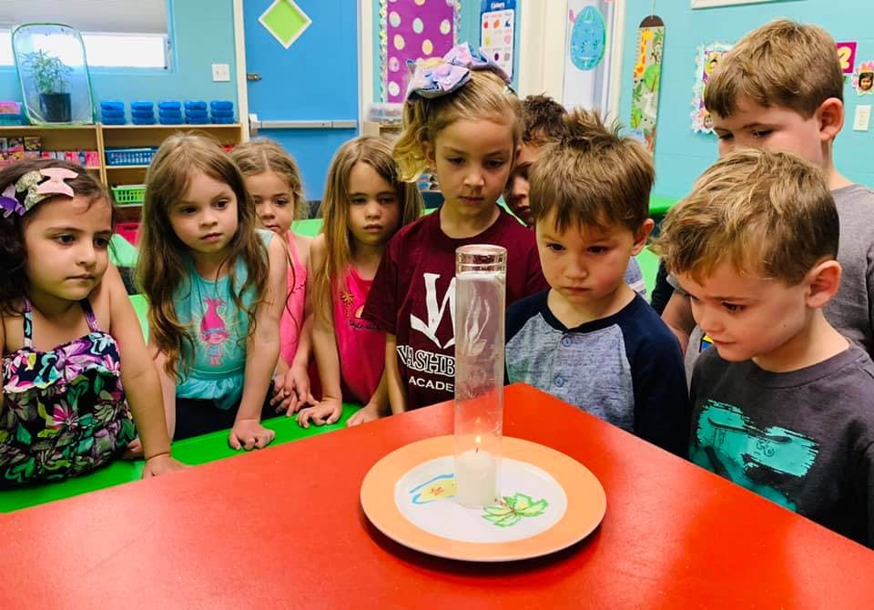 Children watching a science experiment with a candle under a glass cylinder