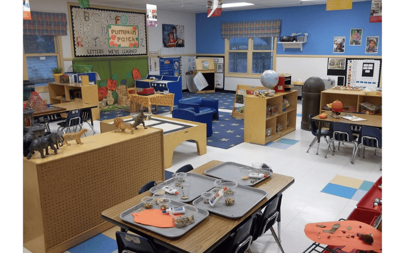 An empty classroom with several activity stations and colorful decorations