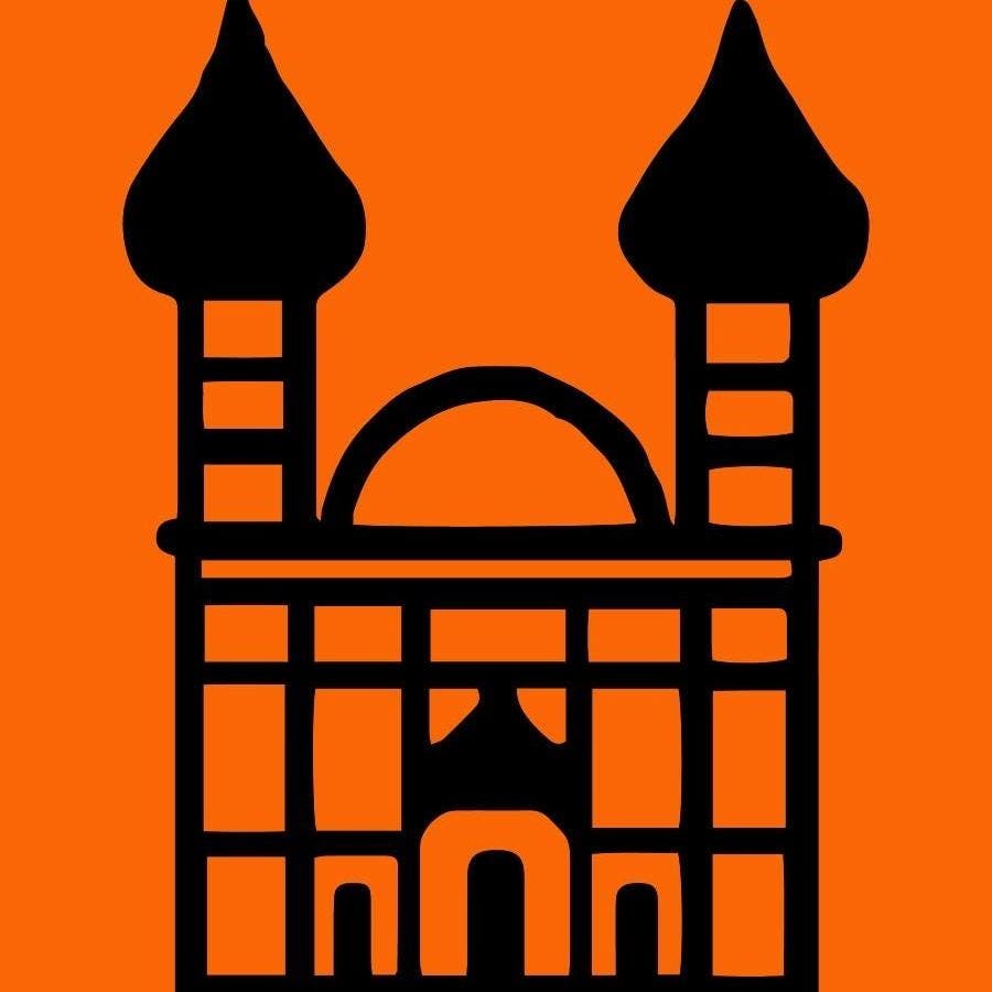 Stylized building with two onion domes and a central arch