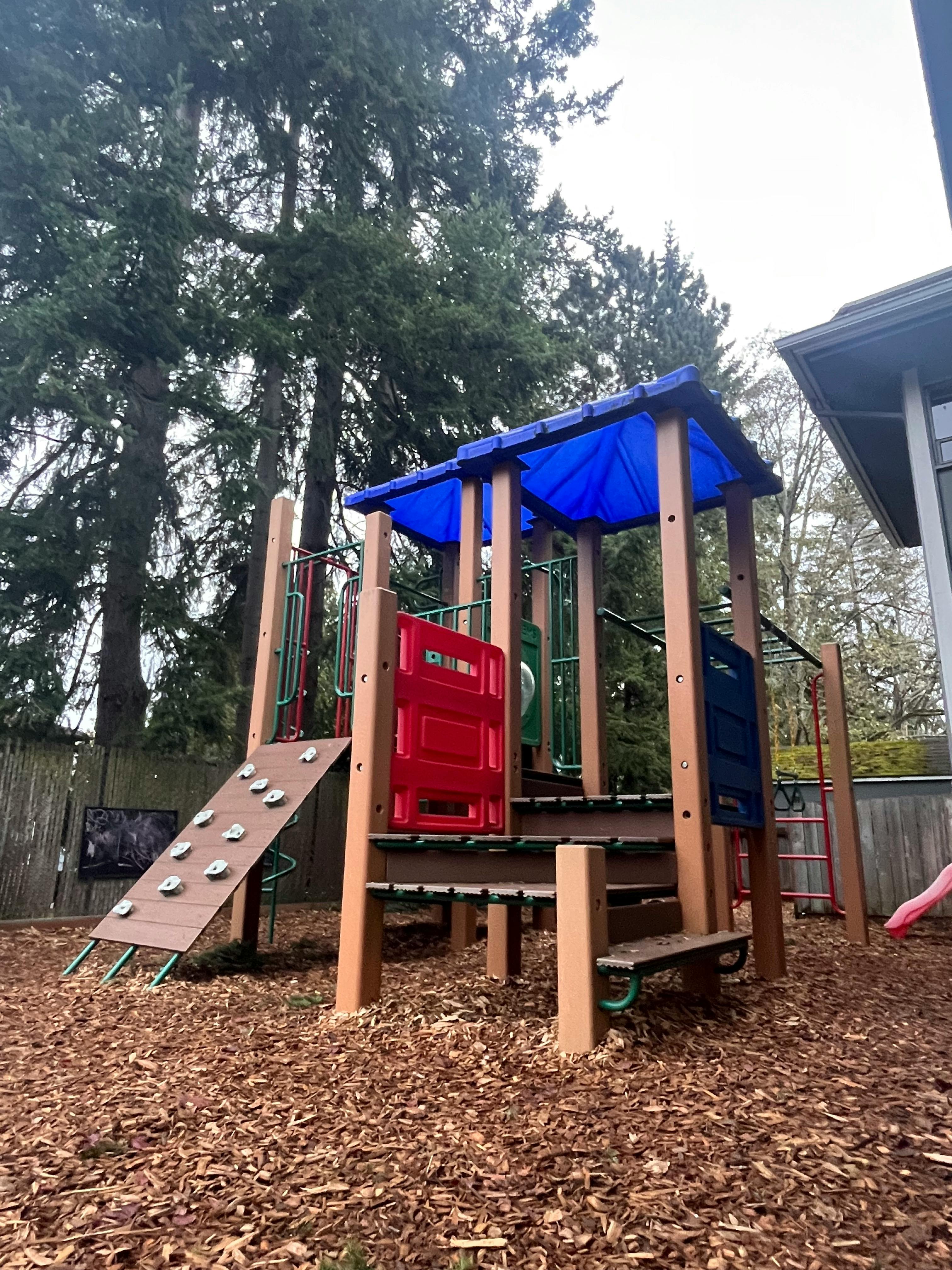 Playground structure with blue roof and climbing wall