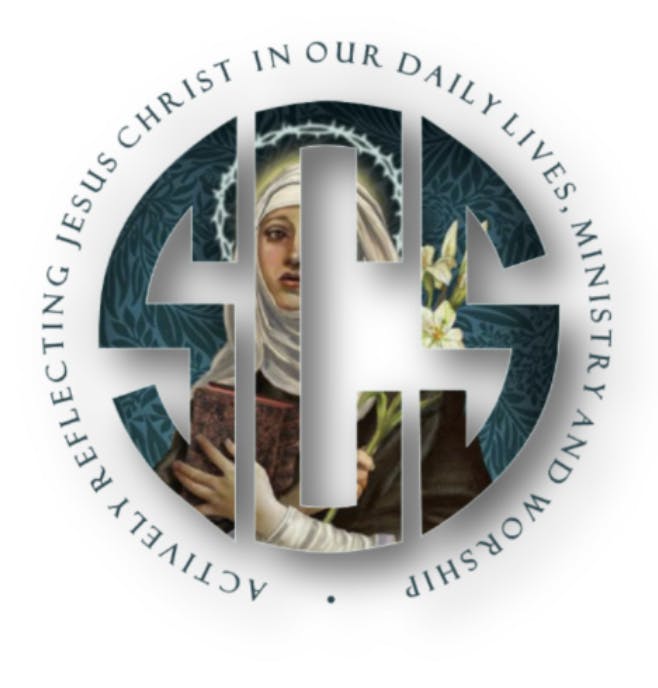Religious logo with a person in a habit holding a book and flowers