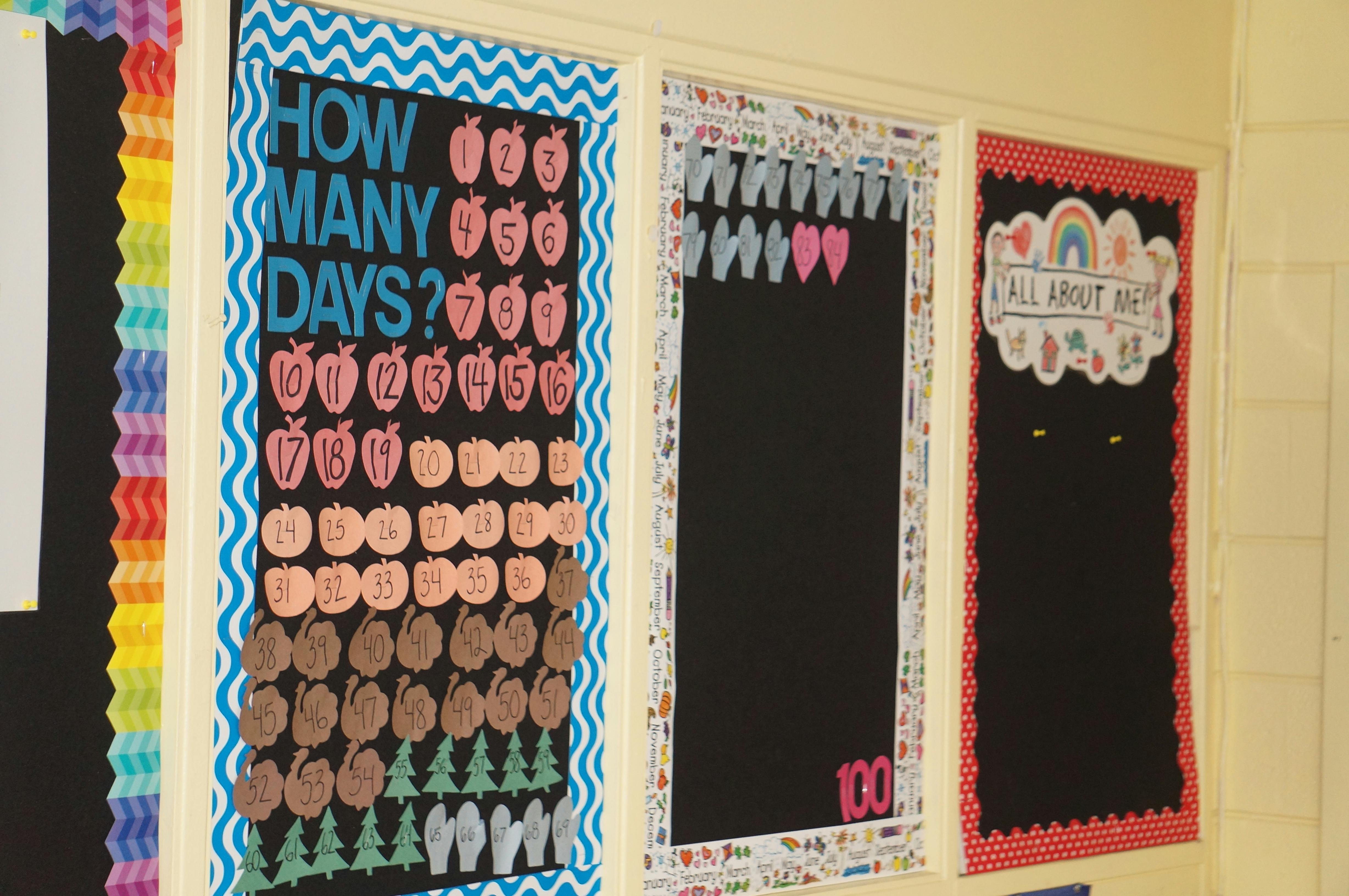 Classroom bulletin boards with "How Many Days?" and "All About Me" displays