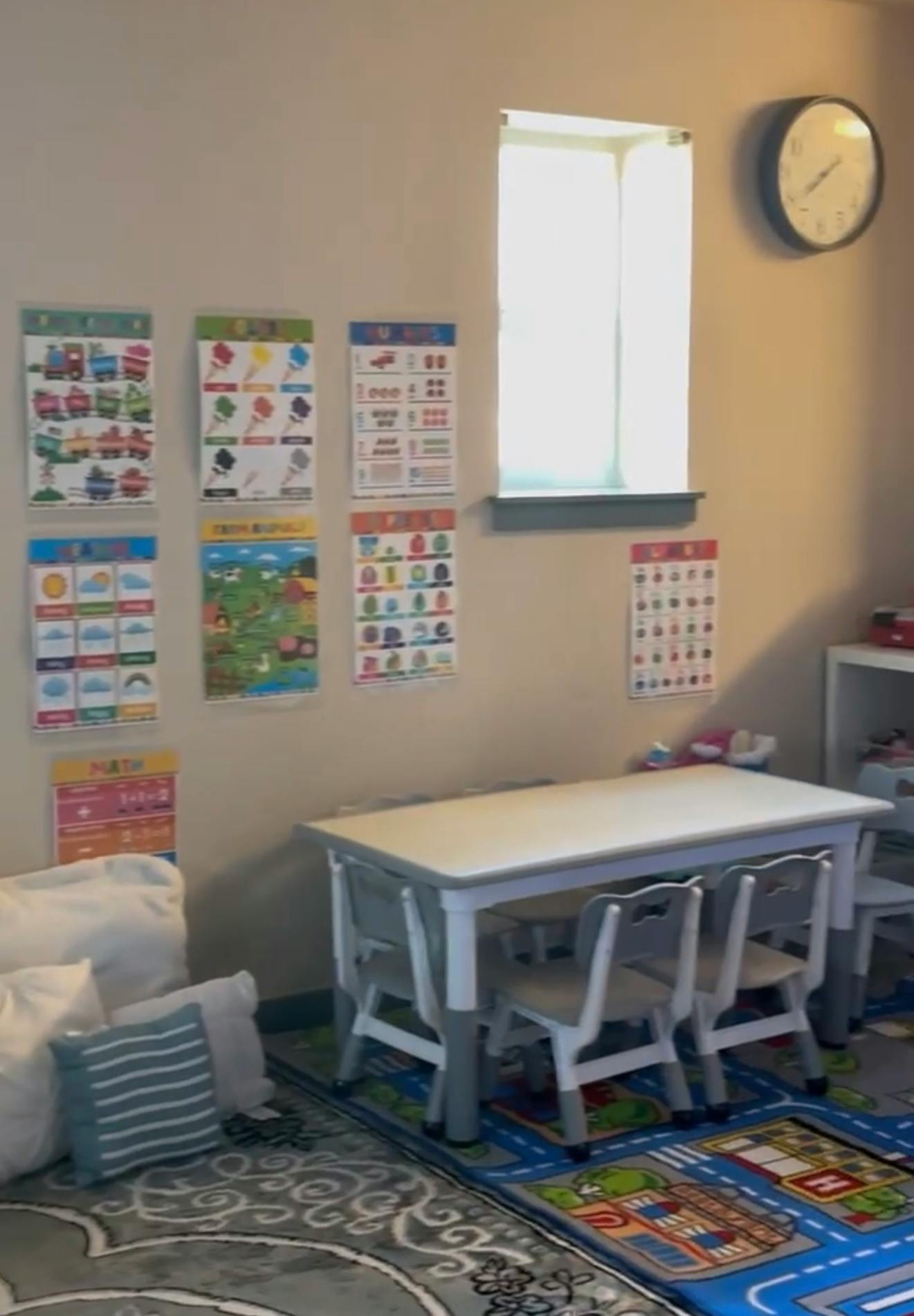 Classroom with posters on the wall and a table with chairs