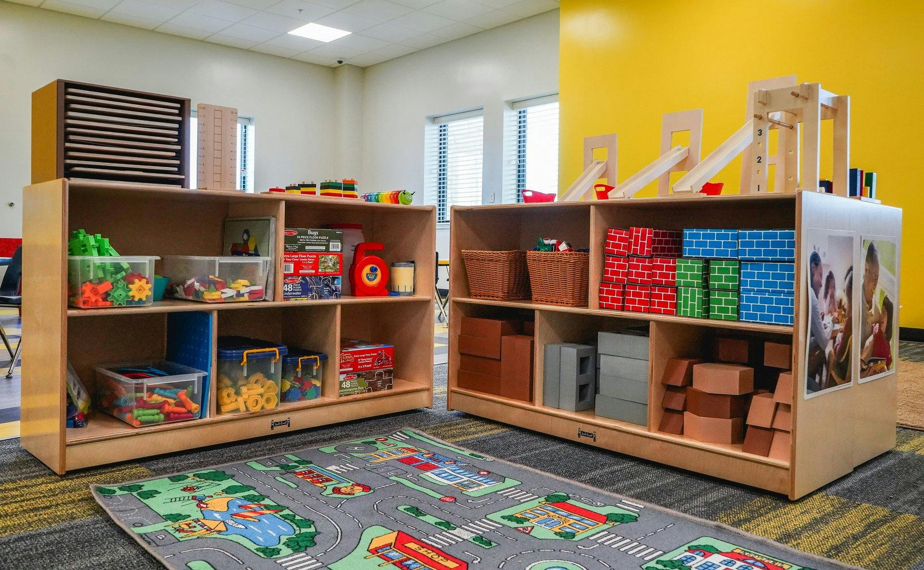 Shelves with toys and blocks in a classroom