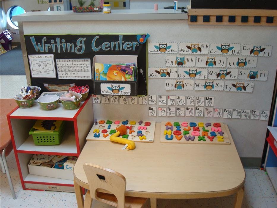 A writing center with alphabet charts, puzzles, and art supplies in a classroom